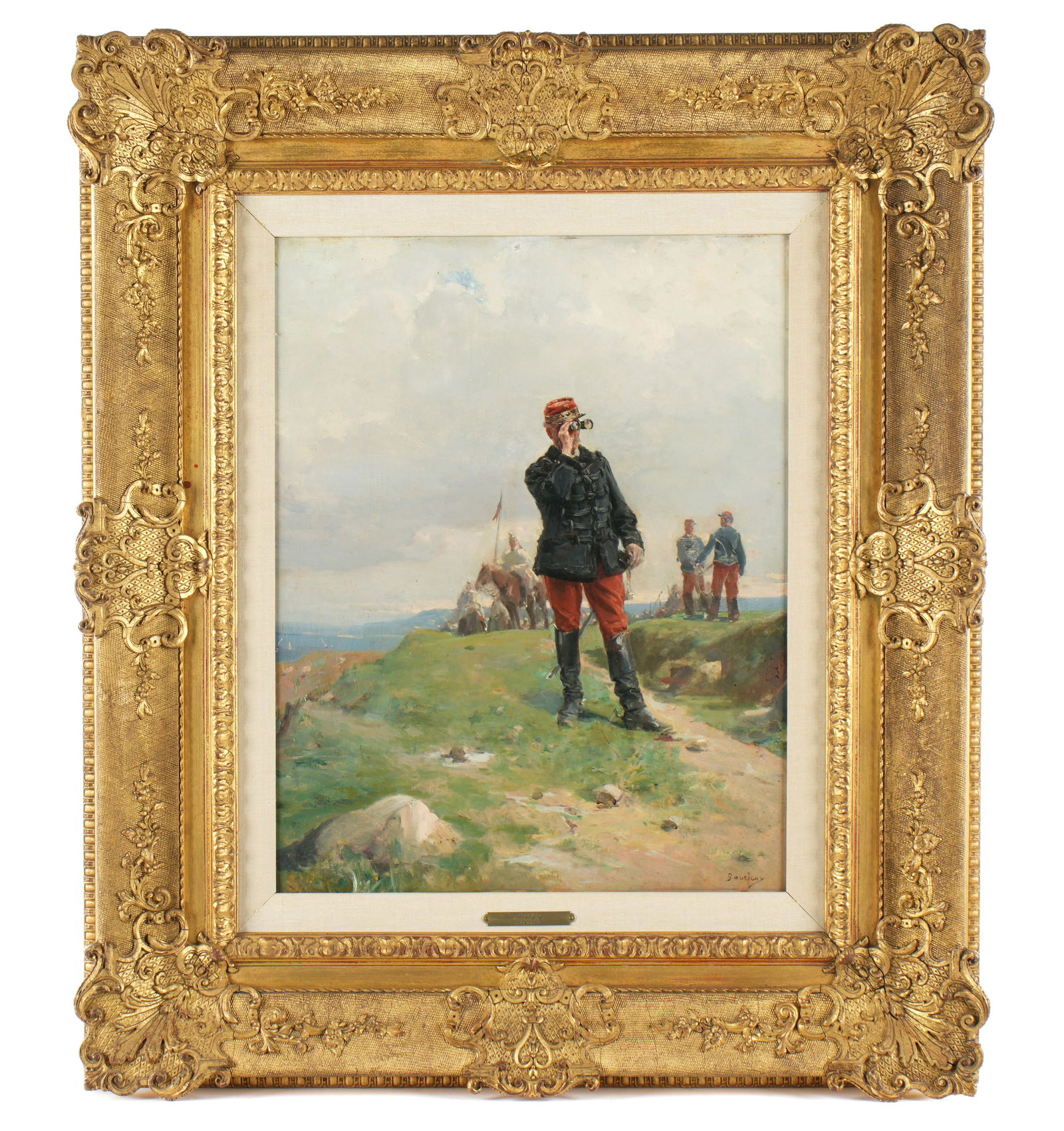 Paul Emile Boutigny Portrait of French Soldier: BOUTIGNY, Paul Emile, (French, 1853-1929): Portrait of a French Franco-Prussian war soldier with binoculars, Oil on board, signed lower right, 18.25" x 14.5", framed 28.5" x 24" . Condition: Several