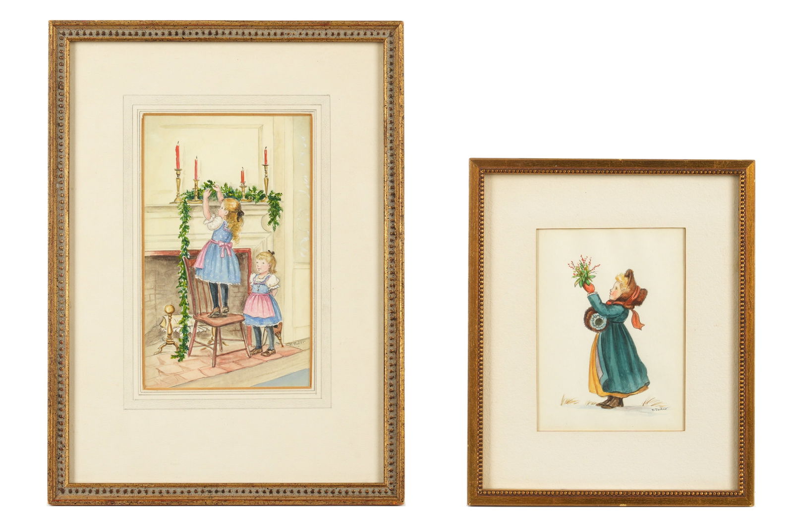 Pair Tasha Tudor Watercolor Postcard Illustrations: TUDOR, Tasha, (American, 1915-2008): Two Watercolor on Paper to include 1) Original illustration for Christmas card depicting two girls decorating a fireplace mantel with garland, circa 1981, signed