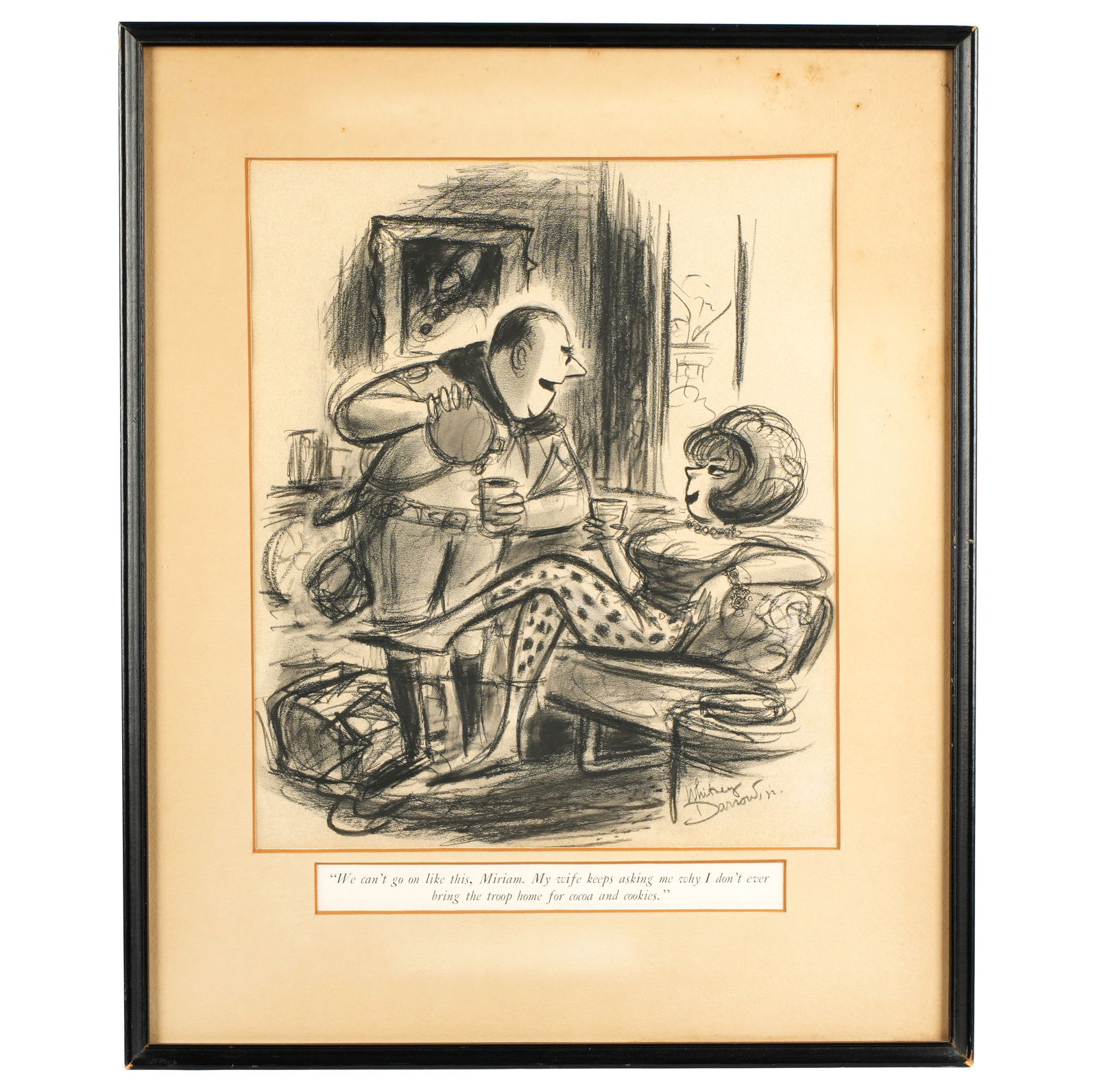 Whitney Darrow New Yorker Original Cartoon Art: DARROW, Whitney, (American, 1909-1999): Original cartoon art for The New Yorker Magazine depicting a man and his mistress, caption reads "We can't go on like this Miriam. My wife keeps asking why I