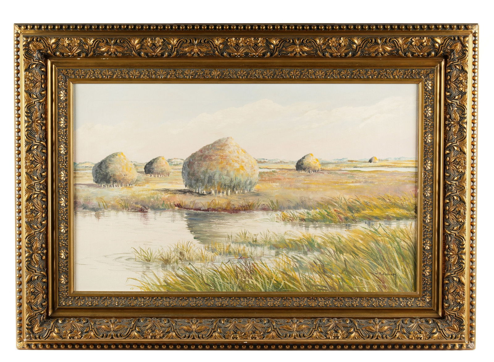 Wendell F. Collum Cape Cod Salt Marsh Landscape: COLLUM, Wendell Francis, (American, 1895-1963): "Salt Marsh, Orleans, Cape Cod", salt marsh landscape depicting drying racks of salt marsh hay, Oil on Canvas, signed lower right, signed, titled and