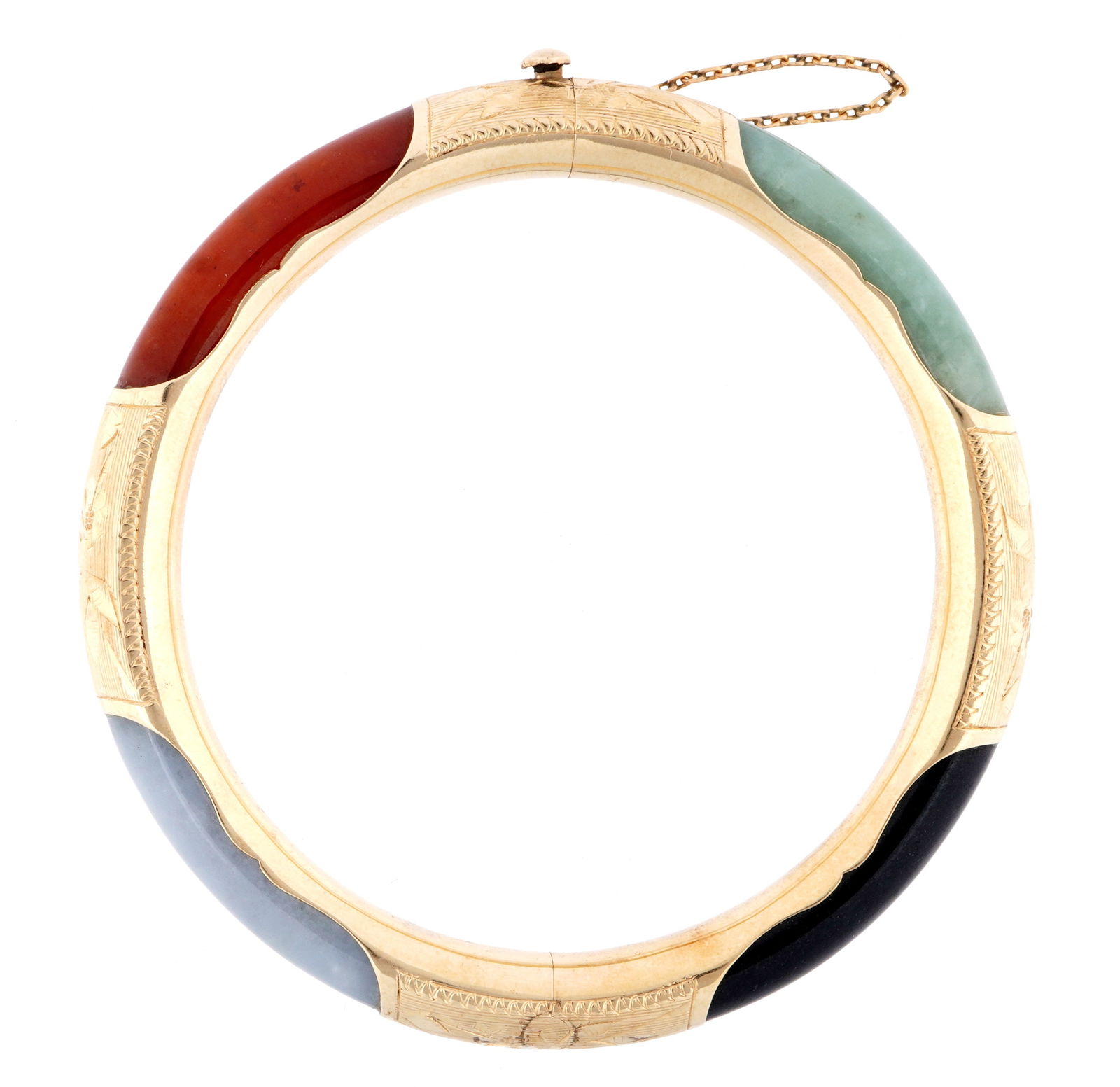 Chinese 14k Gold & Multi Stone Cuff Bracelet: 14k yellow gold and multi stone cuff bracelet to include jade, carnelian, onyx, stamped 14k on clasp. approx 7.5" interior circumference. Approx. 26 grams inclusive.