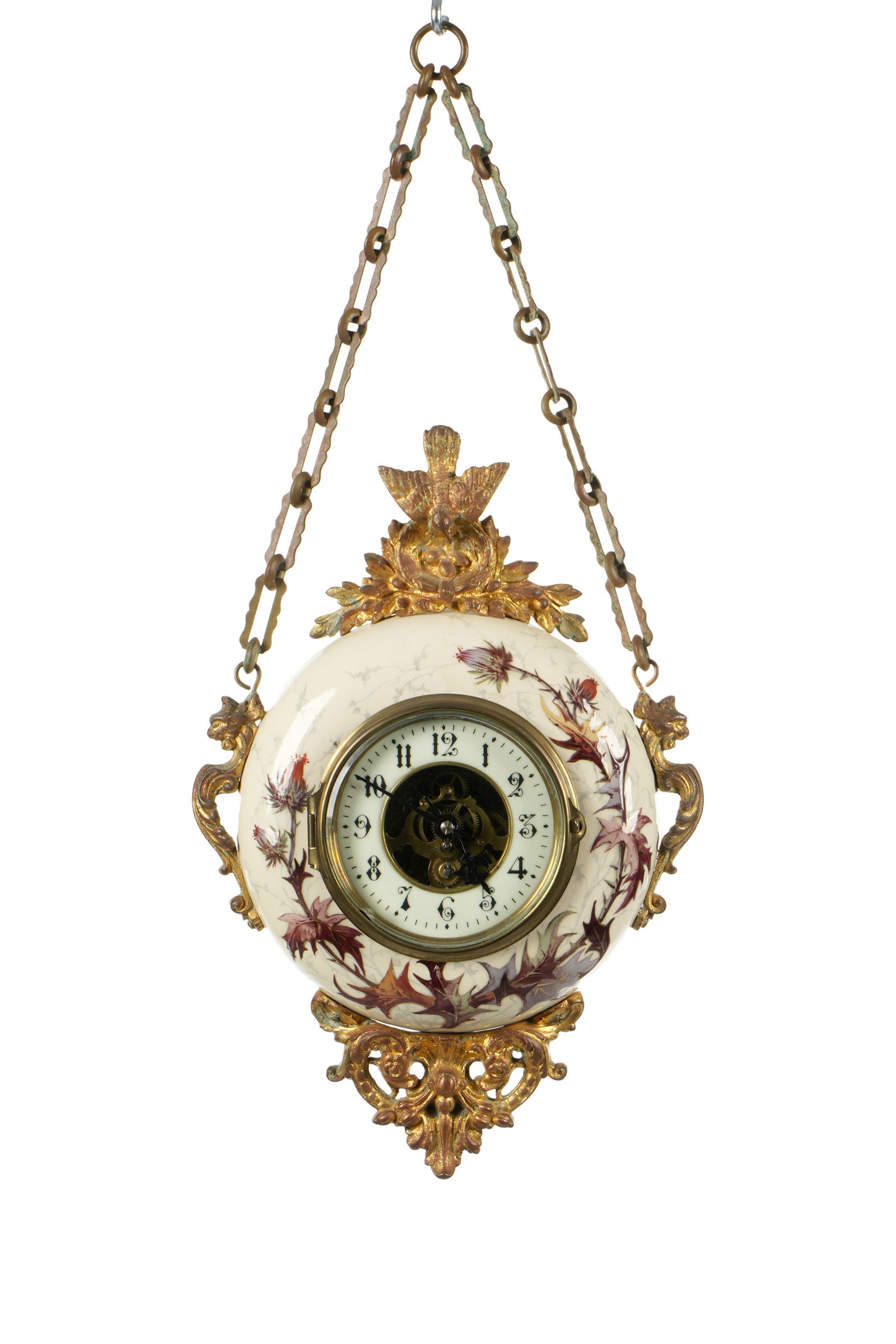 French Farcot Porcelain Hanging Pendant Clock: Round porcelain case with vine decoration. Applied gilt metal mounts and decoration to include bird, dragons, and foliate scroll. Porcelain chapter ring with Arabic numerals, open escapement. Time