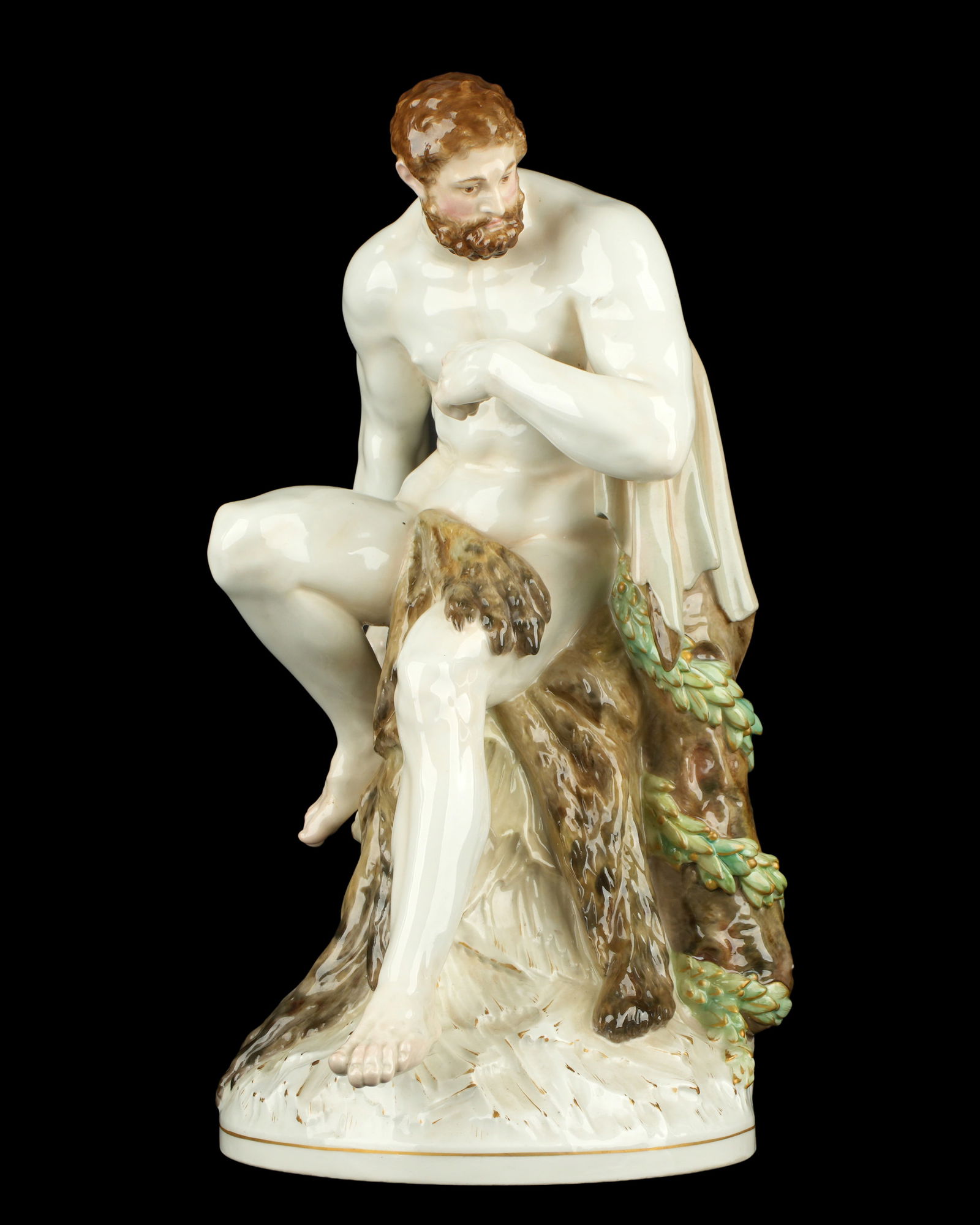 Large KPM Porcelain Figure of Hercules: Polychrome decorated figure of Hercules seated, well marked under foot with blue scepter mark, orange KPM orb mark, impressed 351 and other marks. Overall 12.5" h. x 6" x 7.25". No chips, cracks, or