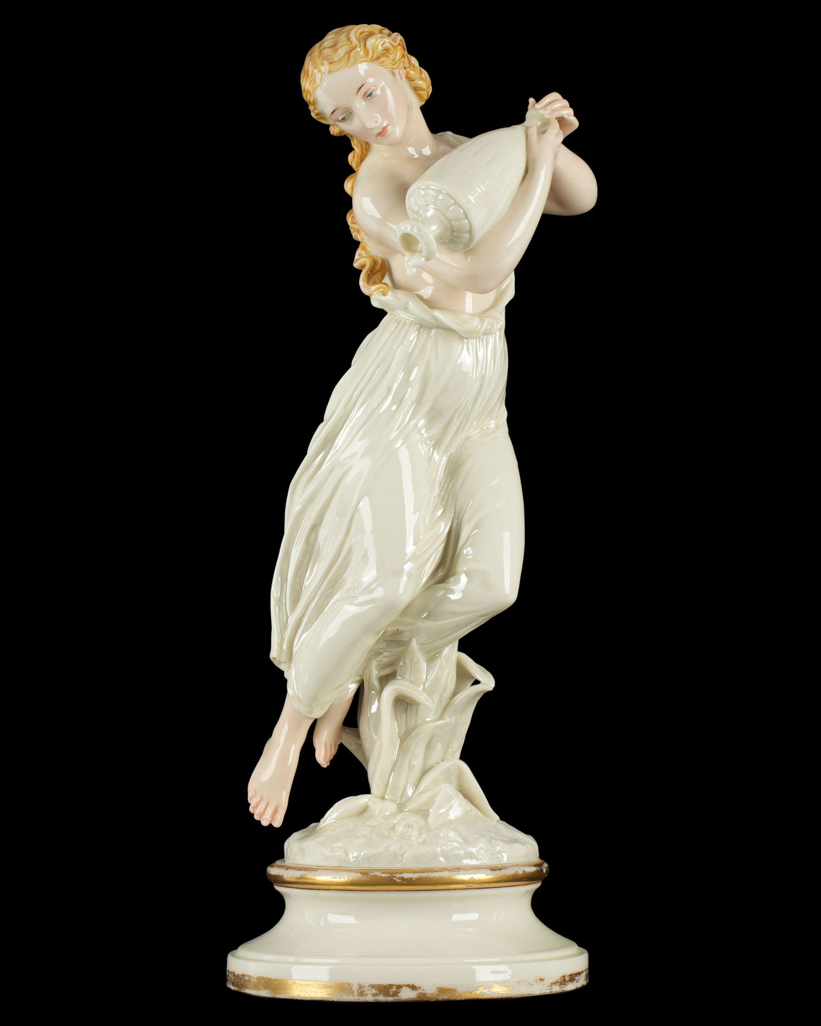 attr. Royal Worcester Classical Woman With Urn: attributed Royal Worcester, polychrome decorated porcelain figure of a classical maiden in flowing dress wilding and urn, unmarked. Overall 15.5" x 7.5". Condition: Wear to gilt at foot. No chips, cra