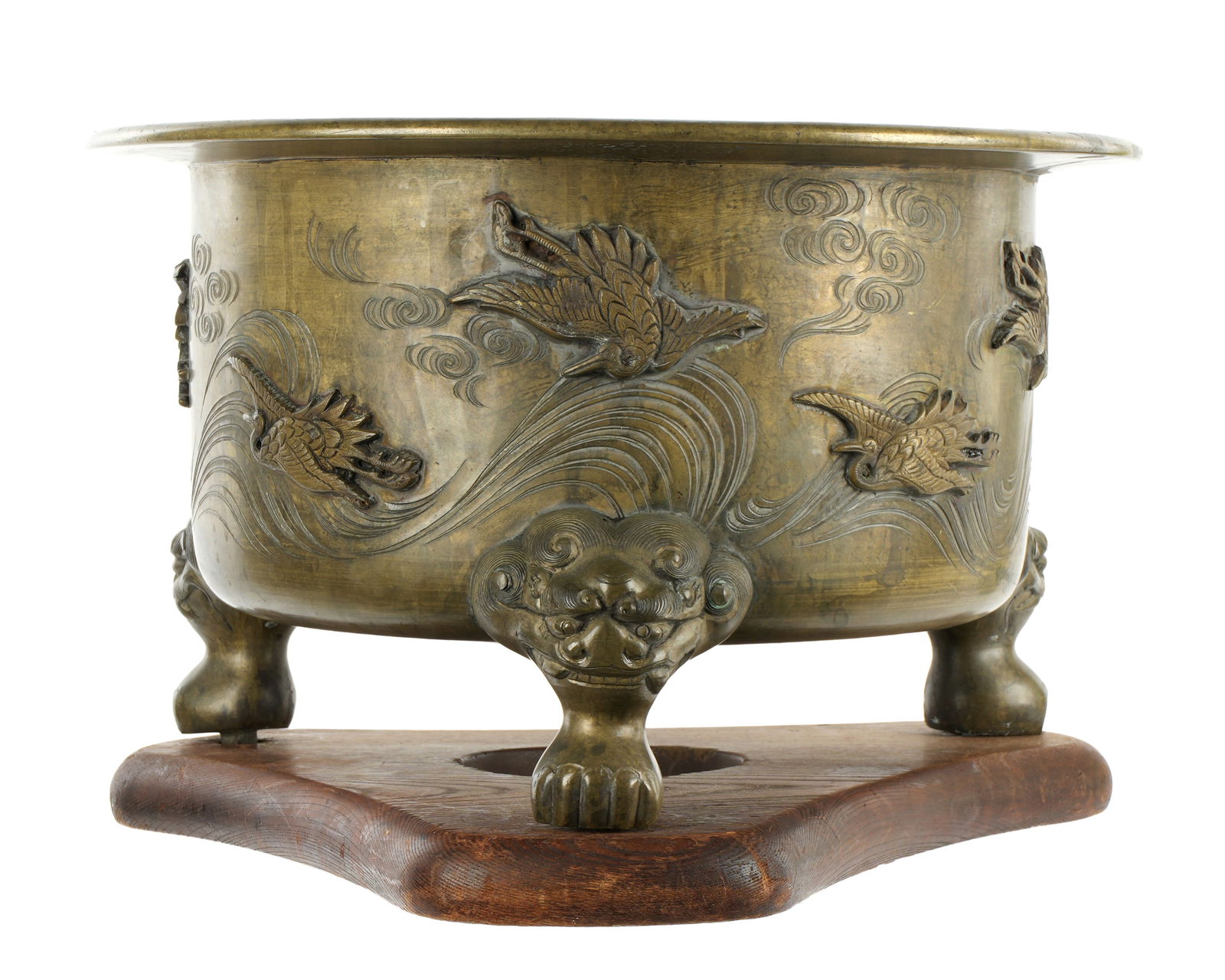 Antique Chinese Bronze Tripod Censer / Basin: Large Chinese bronze tripod censer / basin, flared rim, sides with raised crane and etched designs, on three stylized lion mask and paw feet. Marked on base. Overall 8.75" h. x 14.25". Sold with