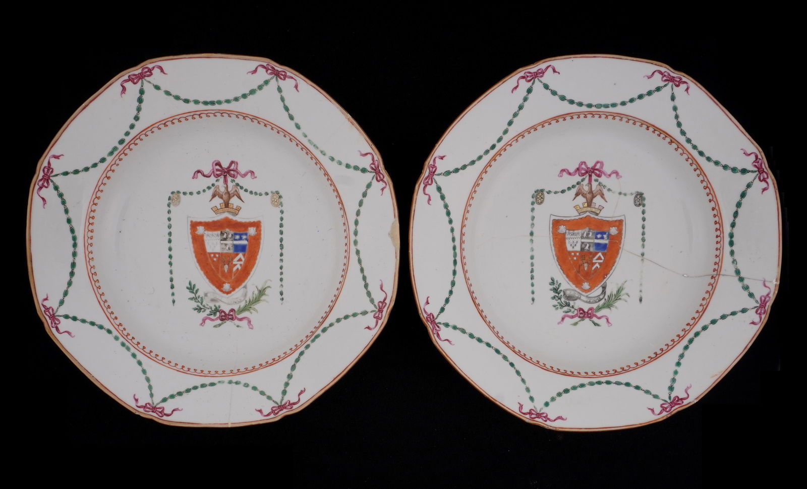 Pair 18th C. Chinese Export Armorial Soup Plates (1 of 10)