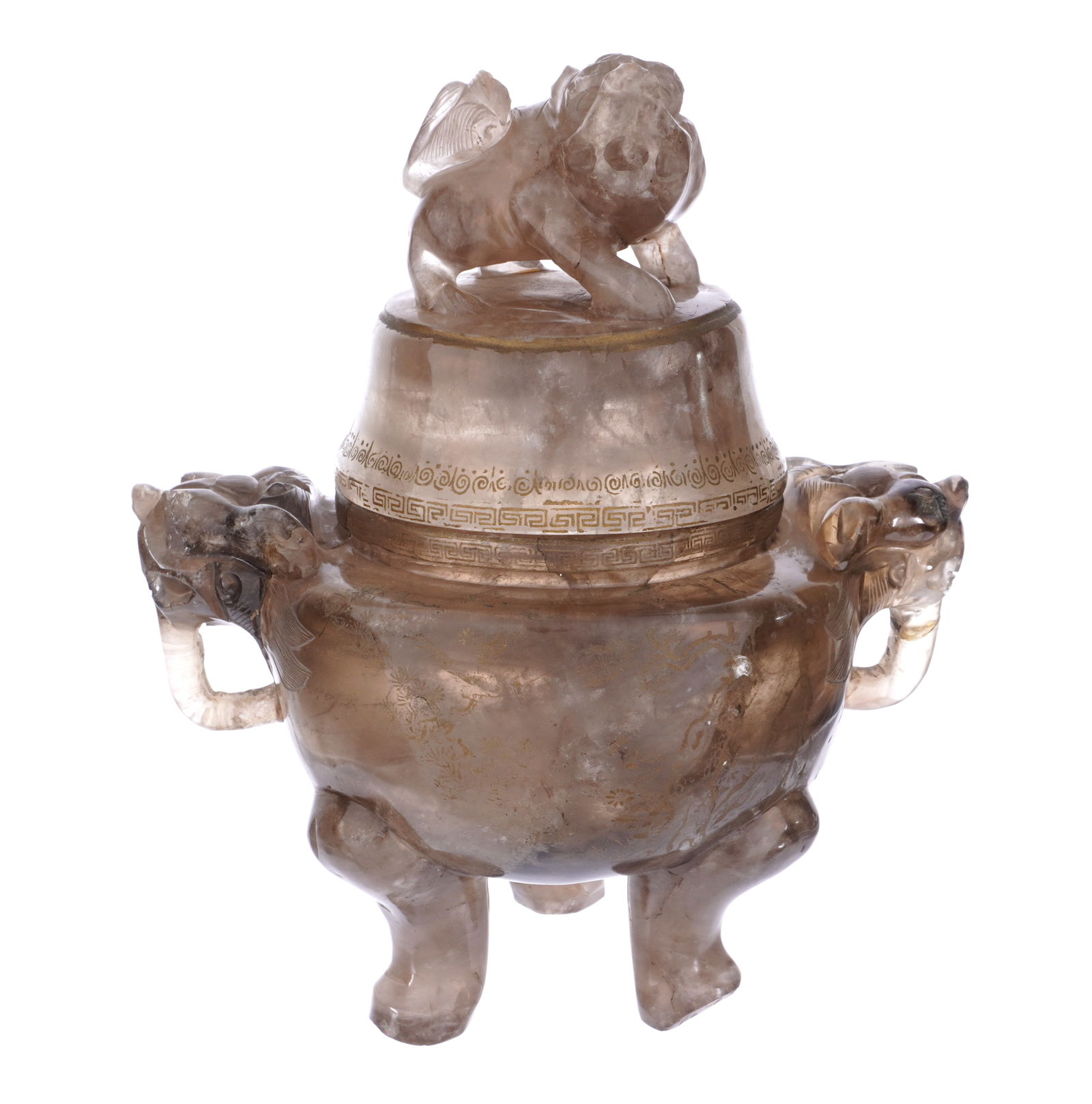 Antique Chinese Rock Crystal Censor: Figural foo dog lid, tripod body with gilt accented engraved decoration ,foo dog handles. On three paw legs, marked on bottom in characters. Overall 10.75" h. x 9.5". Condition: Chips, significant