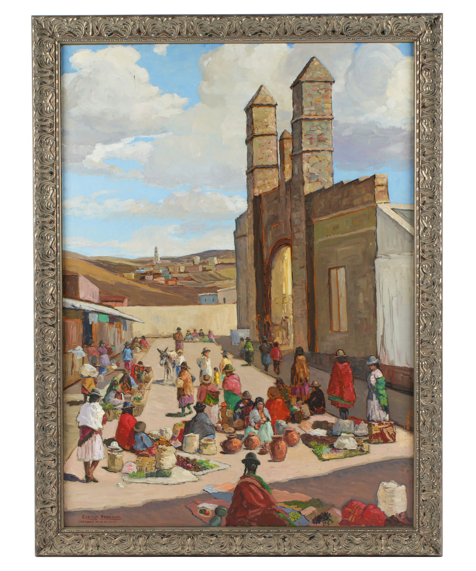 Enrique Rodriguez Quiaca Village Market Painting: RODRIGUEZ, Enrique, (Spanish, b. 1955): "Mercado de la Quiaca", Argentinean market scene, Oil on Board, signed and titled lower left, sight size 45" x 32.5", framed 50.25" x 38".