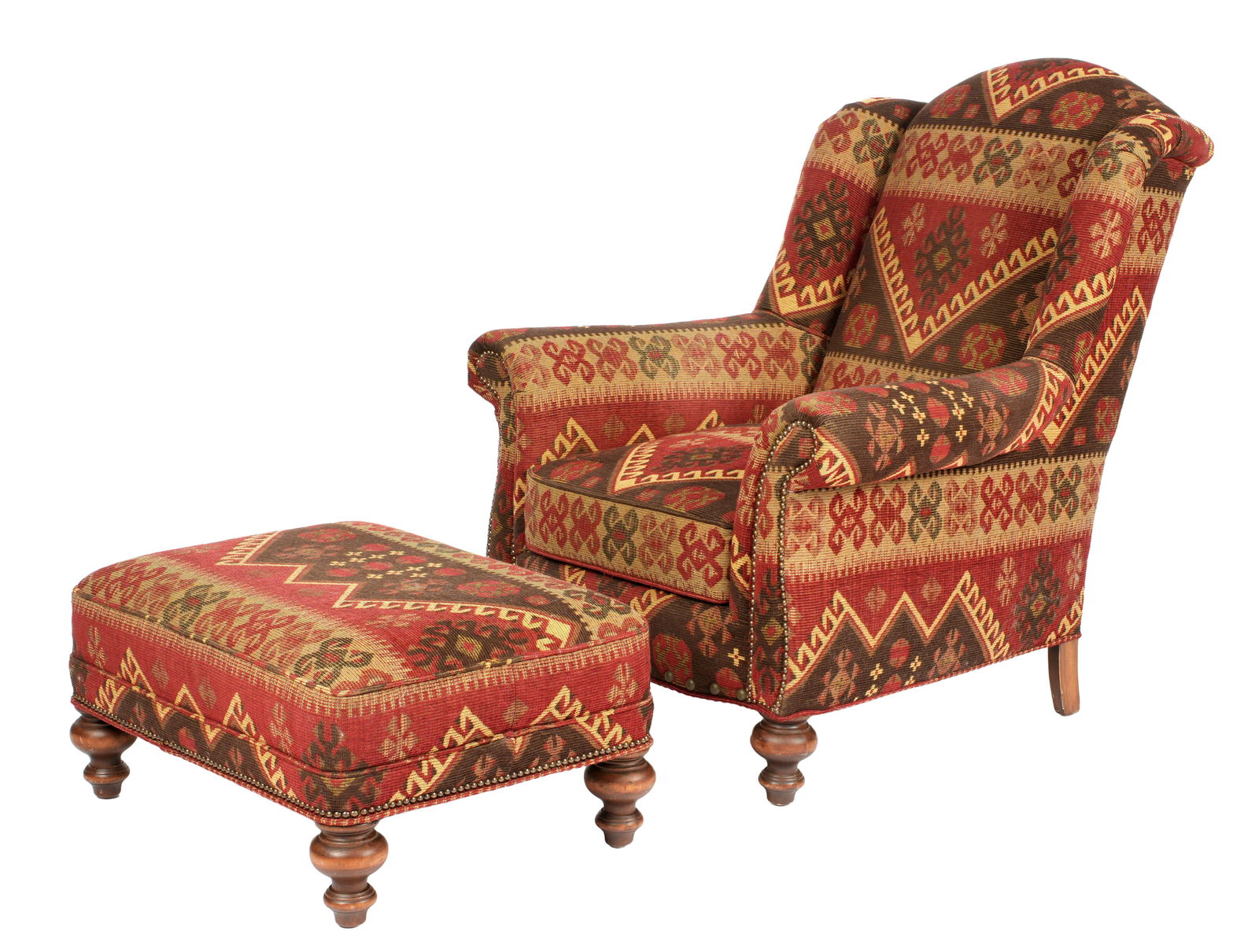 Old Hickory / King Ranch Library Chair & Ottoman: Contemporary library arm chair and ottoman by Old Hickory Tannery, retailed by King Ranch Saddle Shop. Southwestern design tacked upholstery, turned front legs. Chair measures 44.25" h. x 37" x 42".