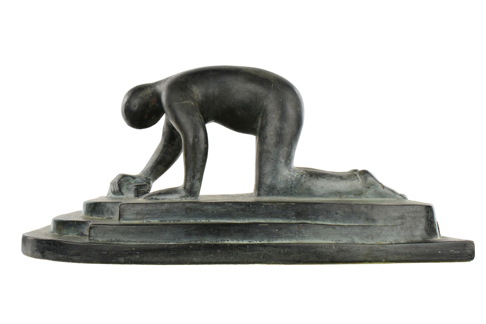 Adolf Wolff Woman Scrubbing Floor Plaster Sculpture: WOLFF, Adolf, (Belgium, 1883-1944): "Woman Scrubbing Floor" Bronzed glazed plaster sculpture, signed and dated near foot, overall 8.5" h. x 20" x 9.5". Condition: Wear to patina.