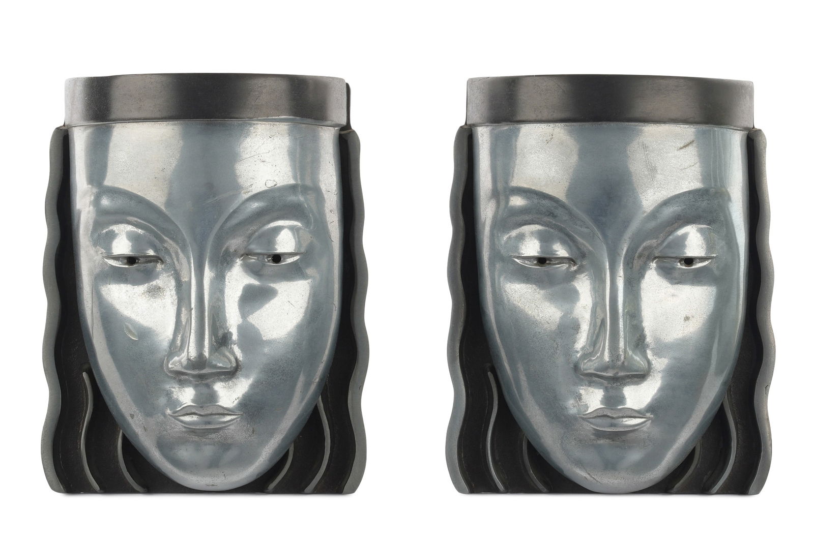 Pair Art Deco Metal Face Wall Sconces (1 of 6)