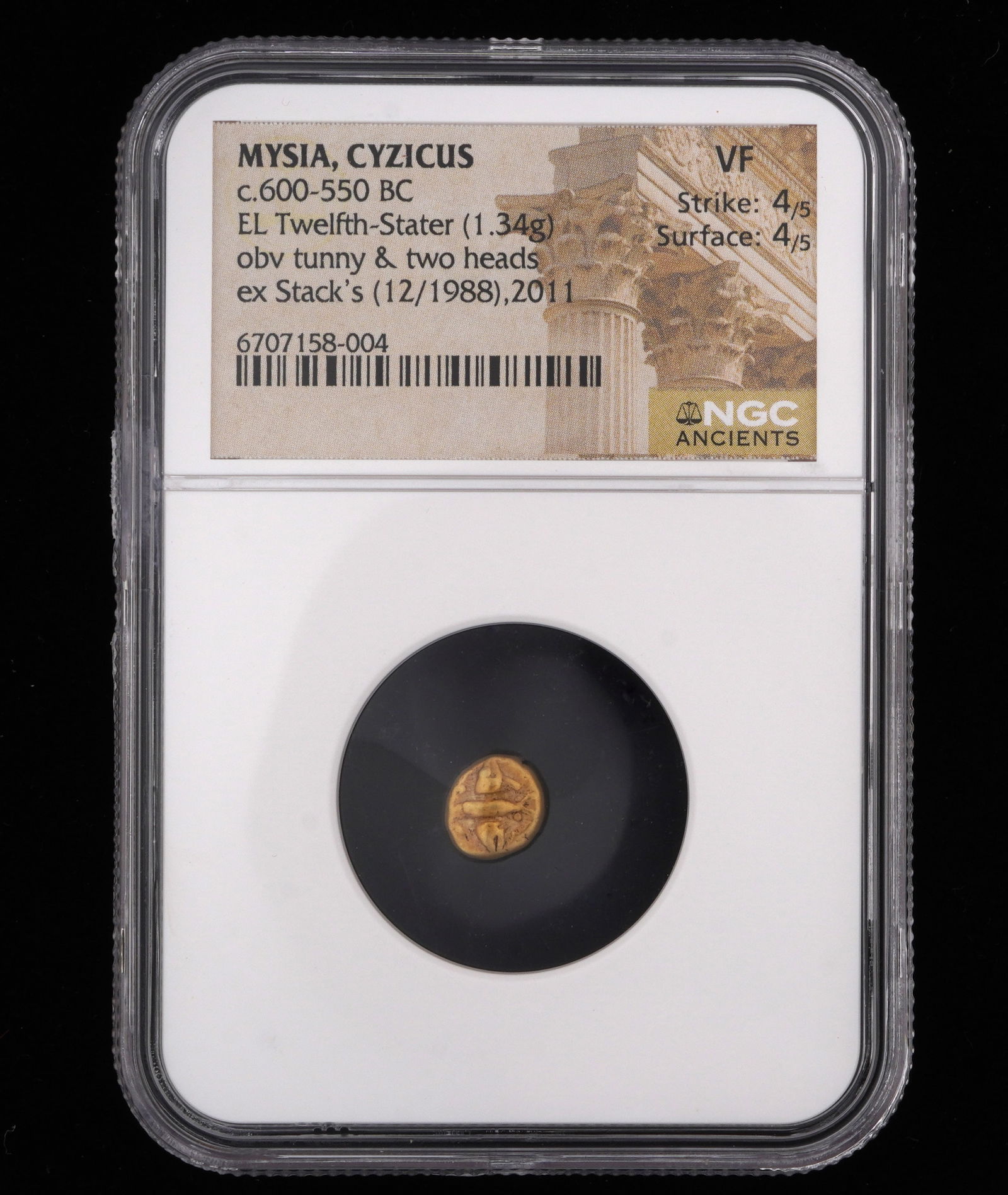 Mysia Cyzicus 600-550 BC 1/12th Slater VF: Mysia Cyzicus, circa 600-550BC, EL twelfth Slater, obverse tunny & two heads, ex-Stack's (12/1988). NGC graded VF.