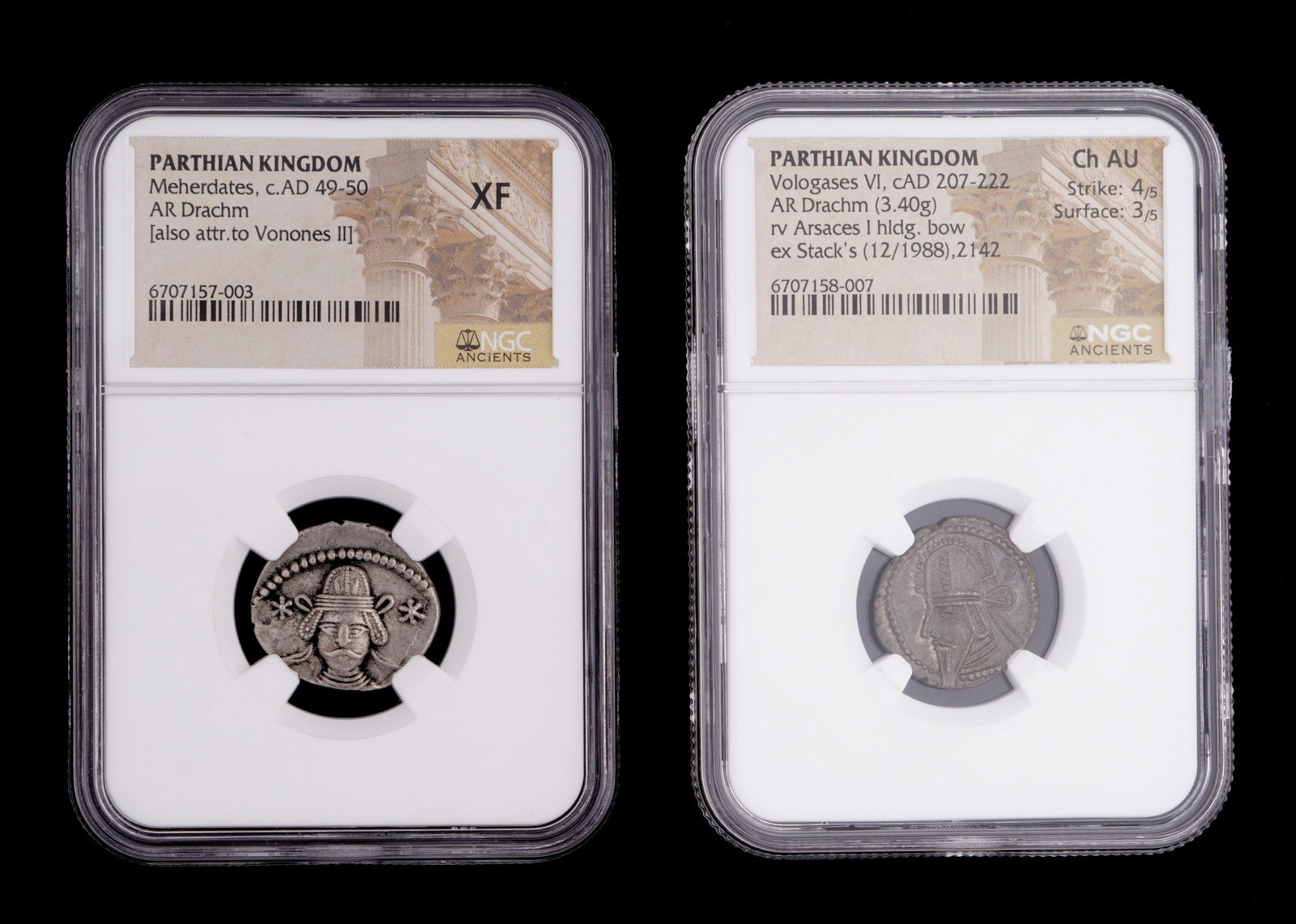Two Parthian Kingdom Drachm Choice AU & XF: Two pieces total to include 1) Meherdates, circa AD 49-50, AR Drachm, also attr. to Vonones II, NGC graded XF. 2) Vologases VI, circa AD 207-222, reverse Arsaces I hdlg. bow, ex- Stack's (12/1988).