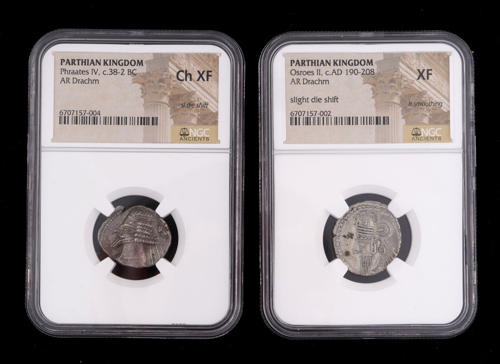Two Parthian Kingdom Drachm Choice AU & XF: Two pieces total to include 1) Osroes II, circa AD 190-208, AR Drachm, slight die shift, NGC graded XF. 2) Phraates IV, circa 38-2 BC, AR Drachm, NGC graded Choice XF.