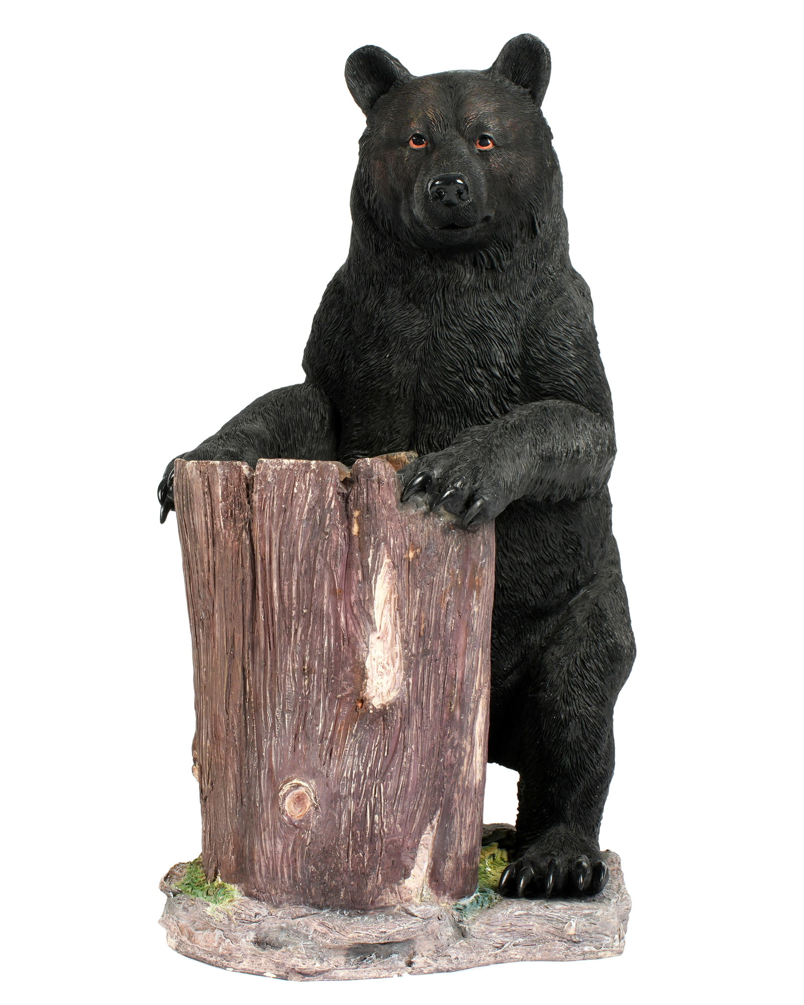 Chalkware Figural Bear Fireplace Wood Holder: Polychrome decorated figural bear wood holder or umbrella stand, overall 31" h. x 15.5" x 19".