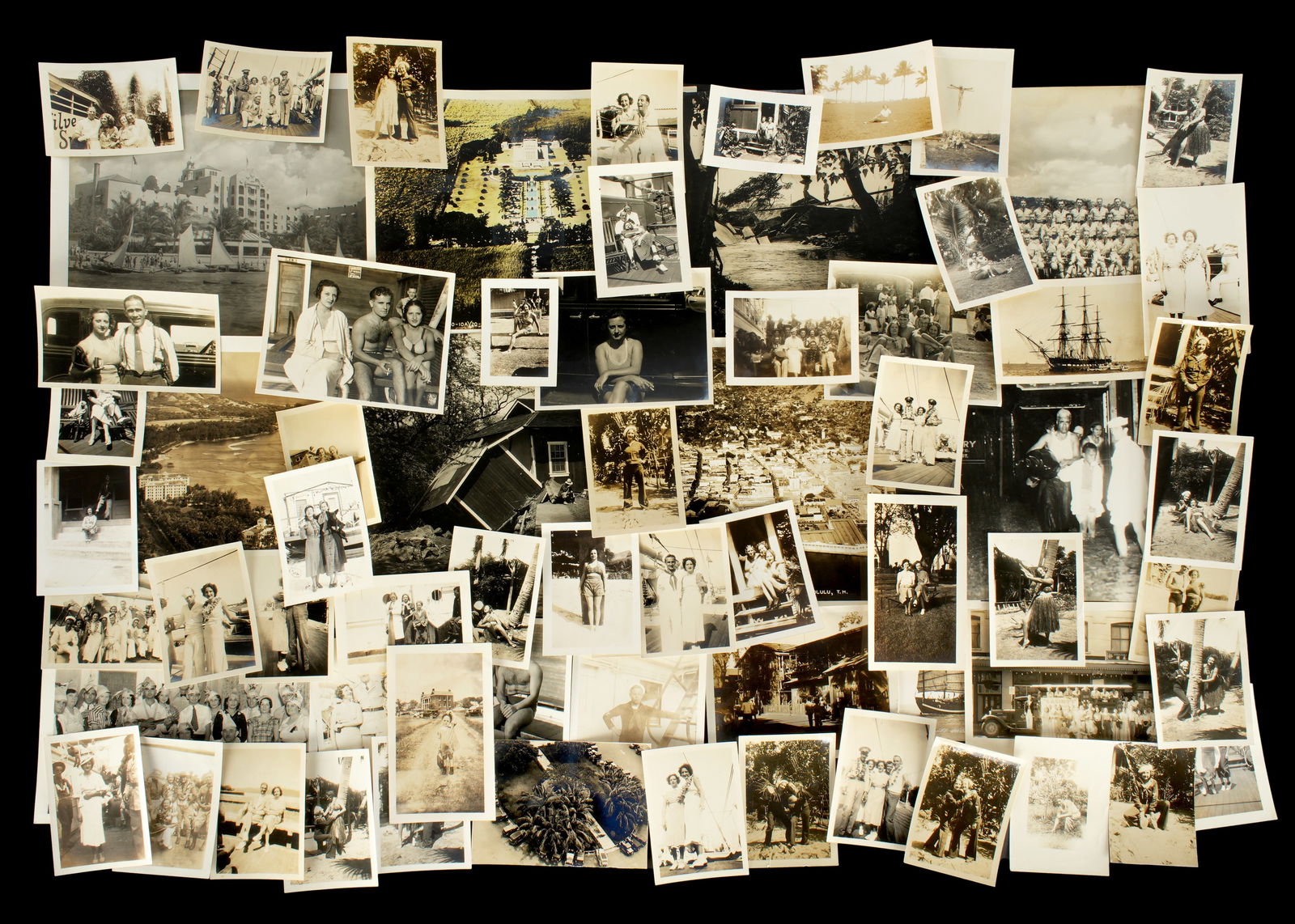 1935 Hawaii Scrapbook with over 300 Photographs: A nice representation of 1930's military life in Hawaii with approx. 329 photographs in a Hawaii scrapbook and loose. Depicts home life, base life, military subjects, beaches, surfing, parties, and