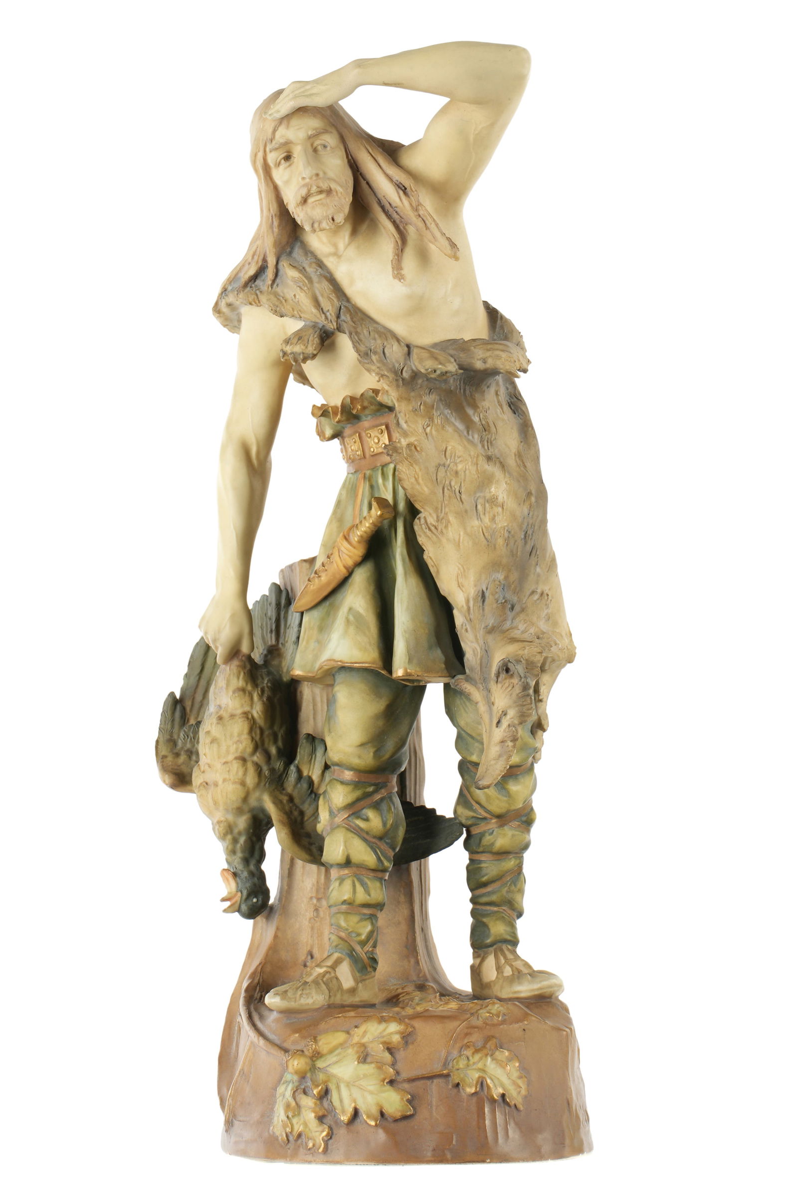 Ernst Wahliss Turn Wein Austria Porcelain Hunter: Porcelain figure of a hunter holding a game bird, well marked inside, overall 15.5" h. x 6.5" x 5.5". Condition: Tiny chips to feather.