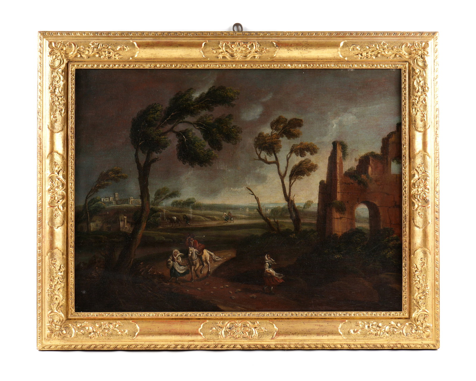 attr. Domenico Pecchio Into the Wind Landscape: attributed PECCHIO, Domenico, (Italian, 1687/1712 to 1759/1760): "Into the Wind", windy landscape with figures near ruins, Oil/Canvas, no visible signature, 28.25" x 37.25", framed 36.5" x 46.5". 