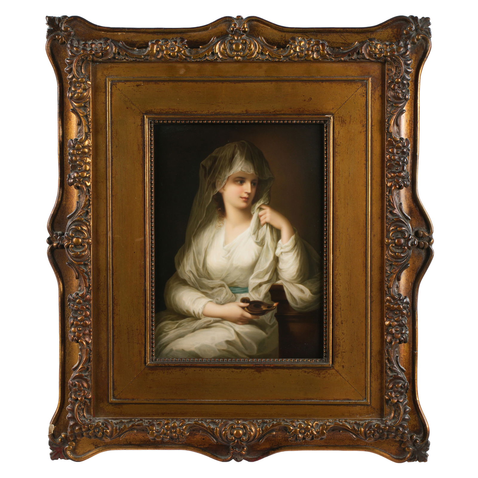 KPM Vestal Virgin Porcelain Portrait Plaque: KPM "Vestal Virgin" portrait plaque, after Angelika Kauffmann, impressed KPM markings verso. 11" x 8.5", framed 19" x 16".
