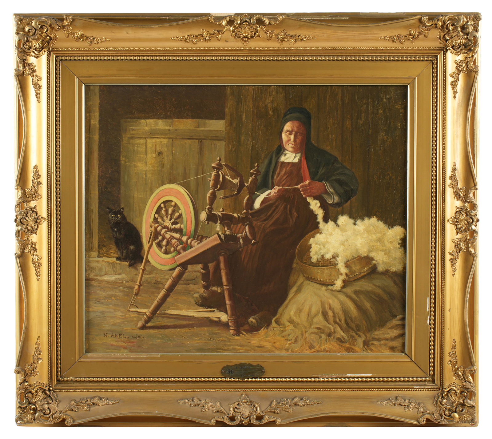 19th C Woman with Spinning Wheel Painting signed N. Abel (1 of 2)