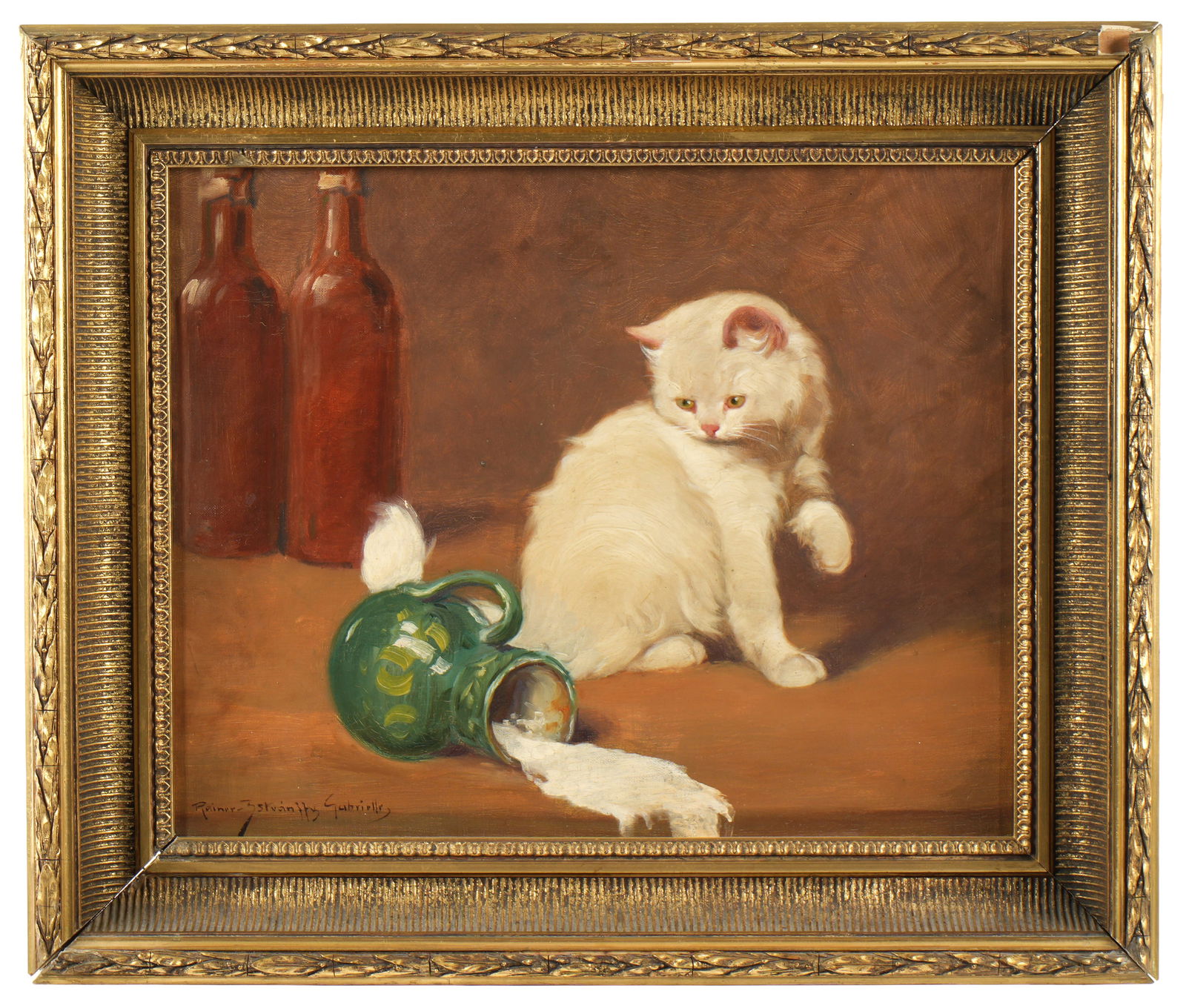Gabriella Rainer-Istvanffy Playful Kitten Painting: RAINER-ISTVANFFY, Gabriella, (Hungarian, 1877-1964): Depiction of a mischievous kitten who knocked over a creamer on table, Oil on Canvas, 16" x 20", framed 21.25" x 25.25". Condition: Minor