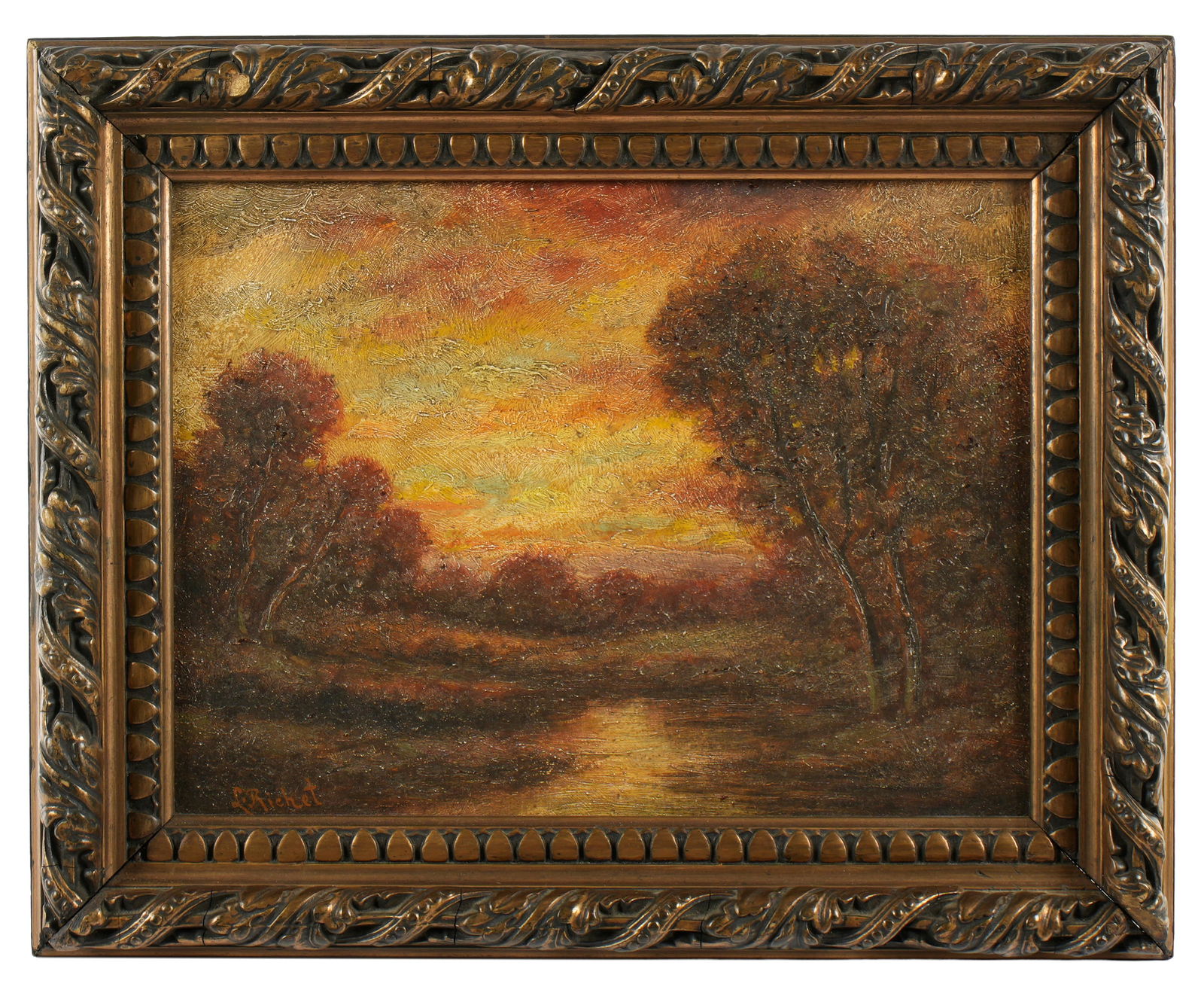 Leon Richet Barbizon School Sunset Landscape: RICHET, Leon, (French, 1843-1907): Barbizon school sunset landscape with pond and trees, Oil on Panel, signed lower left, 9.75" x 12.75".