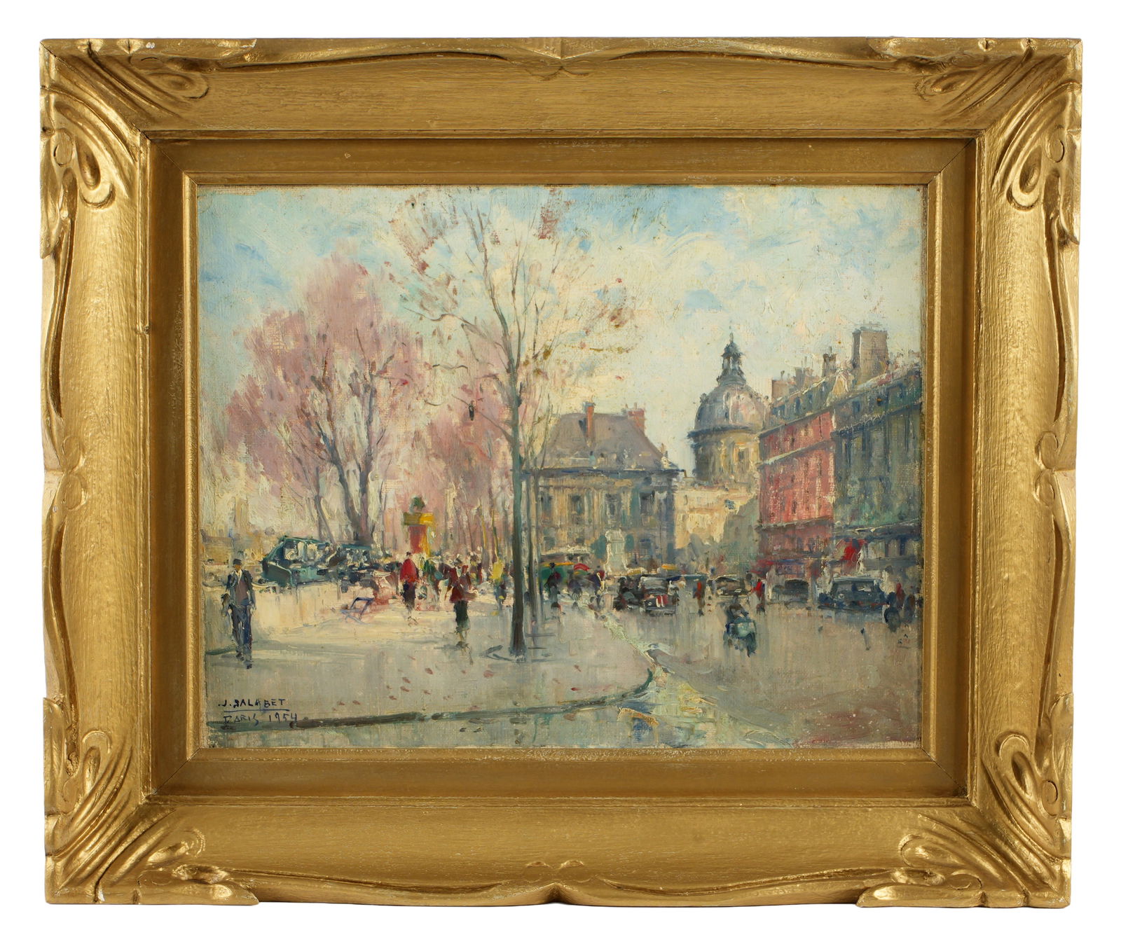 1954 Jean Salabet Parisian Street Scene Painting: SALABET, Jean, (aka Juan Bayon SALADO), (Spanish, 1913-1995): Parisian street scene, Seine to the Hotel Invaldes, Oil on Canvas, signed and date lower left, 11" x 14", framed 16" x 19".