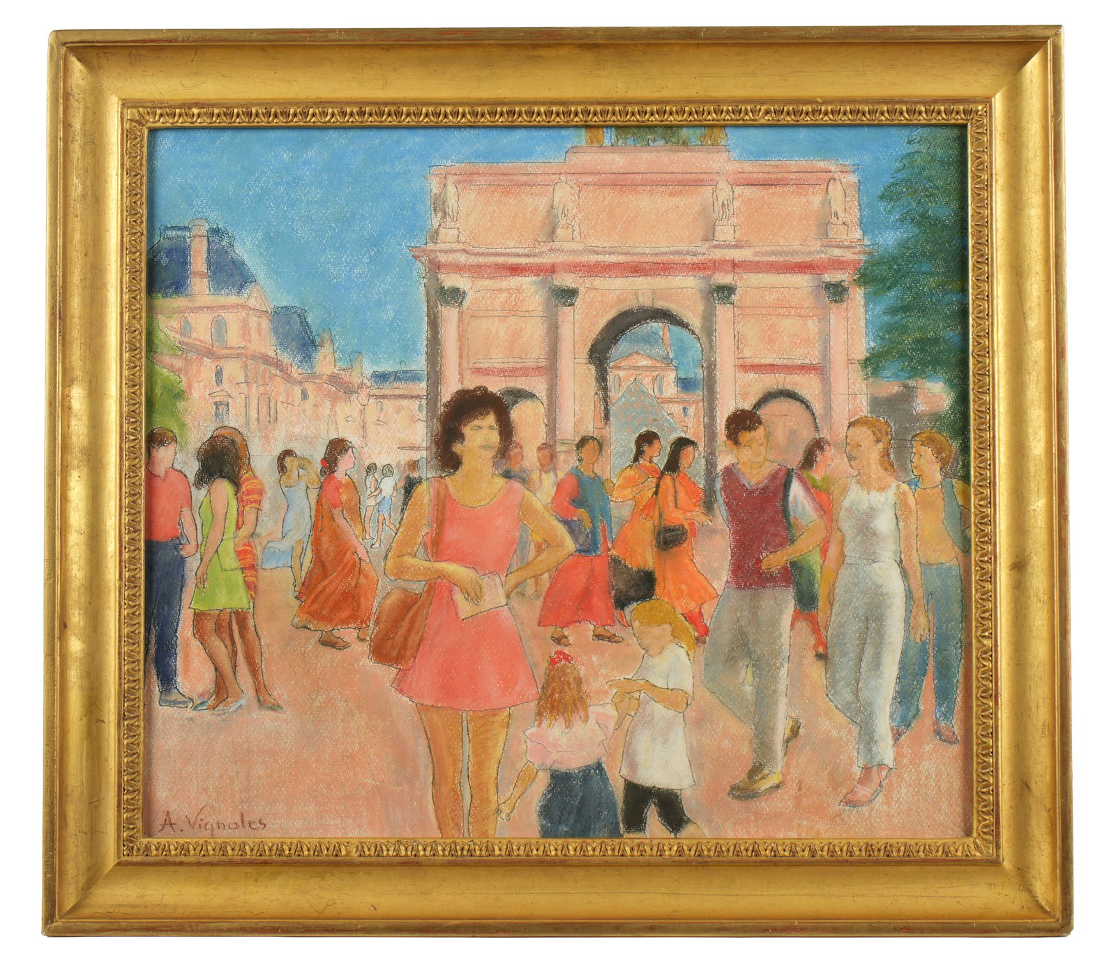 Andre Vignoles Parisian Street Pastel Painting: VIGNOLES, Andre, (French, 1920-2017): "Arc de Triomphe", Parisian street scene with figures, Pastel on Paper, signed lower left, labeled verso, 17.75" x 20.25", framed 22.25" x 25". Not examined out o