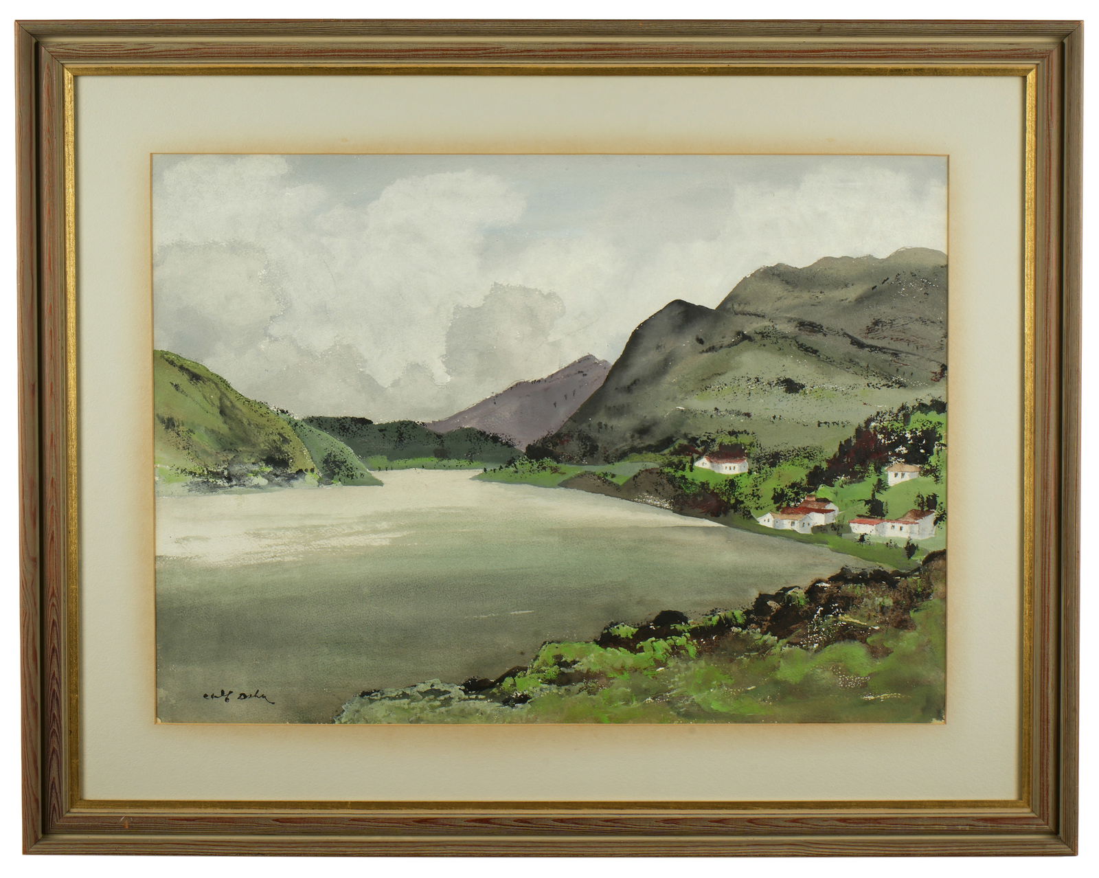 Adolf Dehm Irish Landscape Watercolor Painting: DEHM, Adolf Arthur, (American, 1895-1968): Irish lake and mountains landscape with buildings, Watercolor on Paper, signed lower left, sight size 19.75" x 27.5", framed 29" x 36.5". Not examined out of