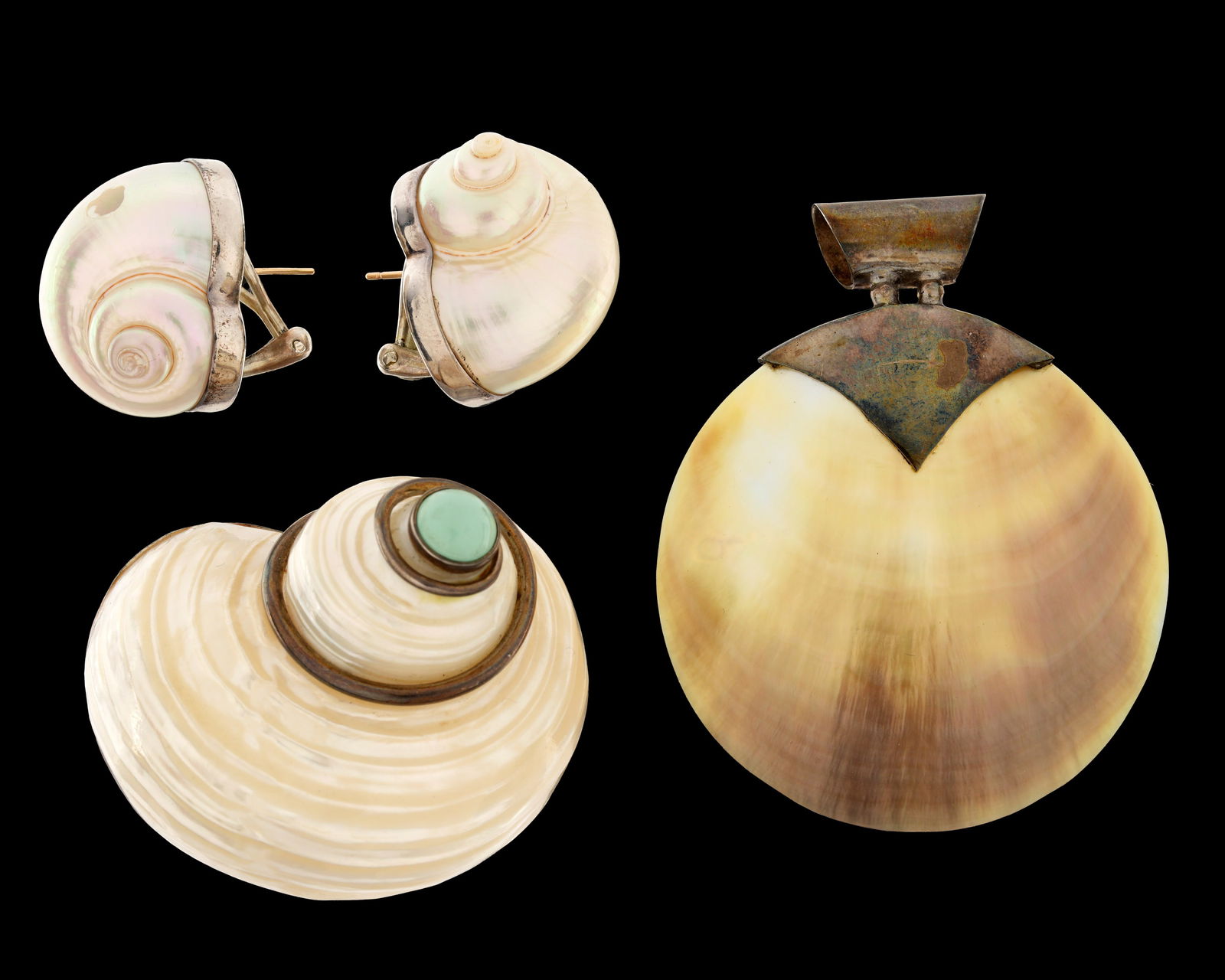 Turbo Shell Silver Mounted Pendant & Earrings: An assembled collection to include 1) Unmarked silver toned mounted turbo shell pendant, Persian turquoise cabochon, 1.75" x 1.75" x 1.25. 2) Pair silver toned turbo shell earrings, illegibly signed,