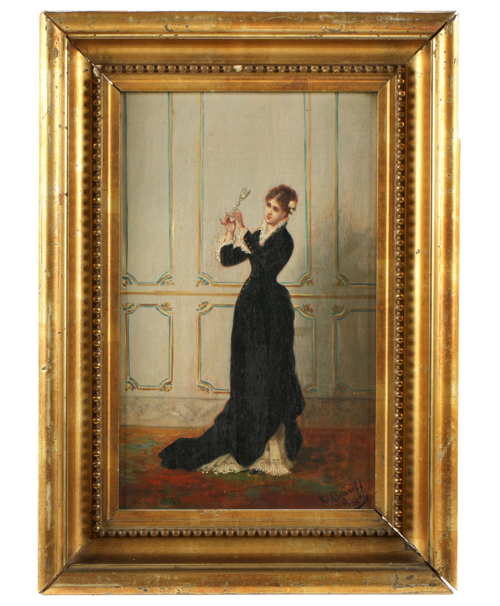 Karl Ogareff Portrait of Woman Holding a Glass: OGAREFF, Karl, (19th Century): Portrait of a standing well to do woman holding a crystal champagne flute, Oil on Panel, signed lower right, 12.75" x 8", framed 17" x 12". Condition: Frame with minor c