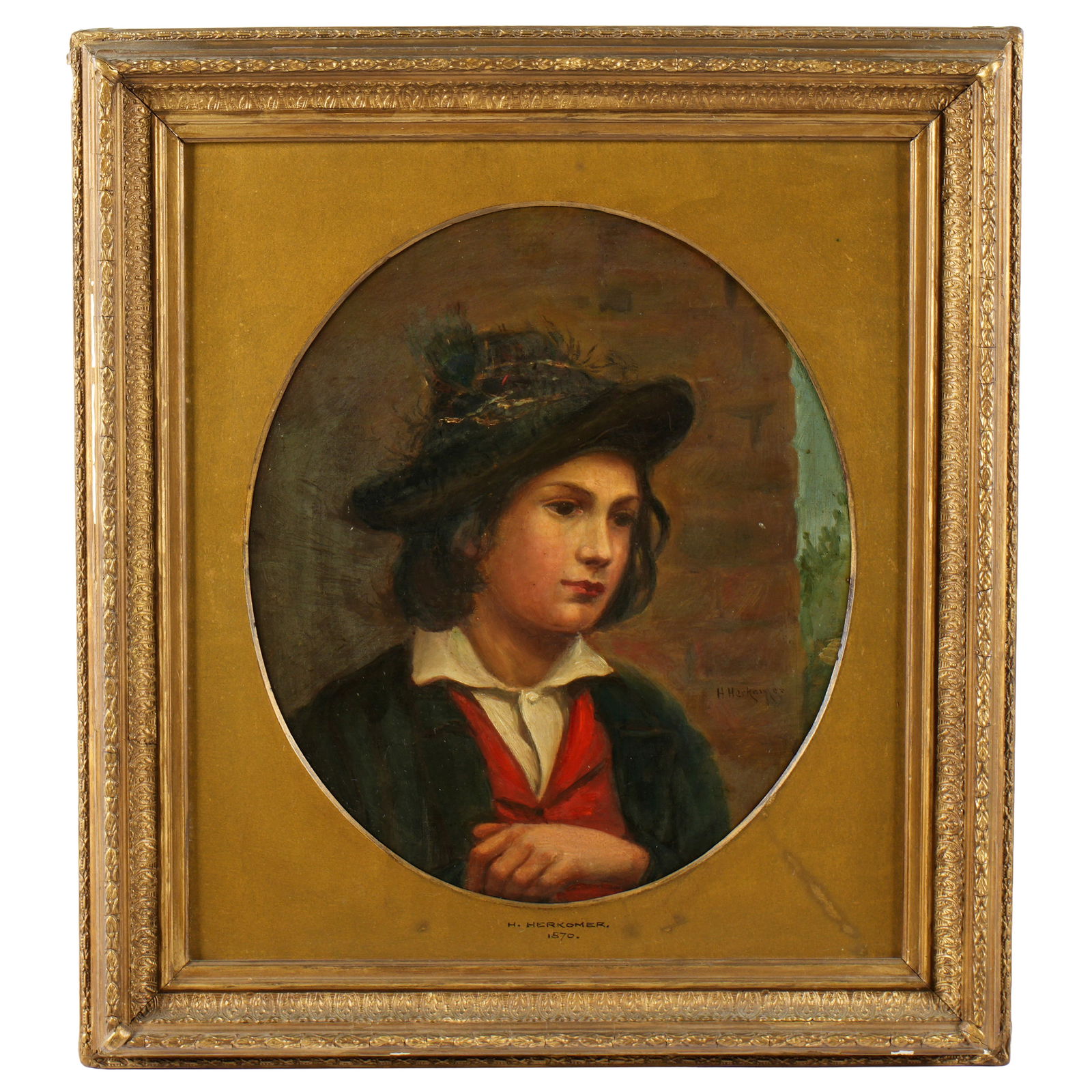 attr Herbert Herkomer Portrait of Boy with Hat: attributed HERKOMER, Herbert Gustave, (American, 1862-1935): Portrait of a German boy with traditional hat, Oil on Board, signed center right, oval sight size 12.75" x 10.75", framed19" x 17". Conditi