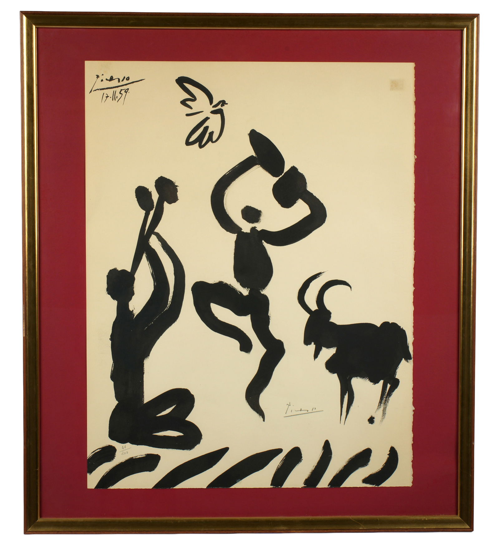 Pablo Picasso 1959 La Danse du Berger Lithograph: PICASSO, Pablo, (Spanish, 1881-1973): "La Danse du Berger", Lithograph on Arches Paper, pencil signed lower right, numbered 44 from the edition of 200 lower left, page size 26" x 19.75", framed 31.5"