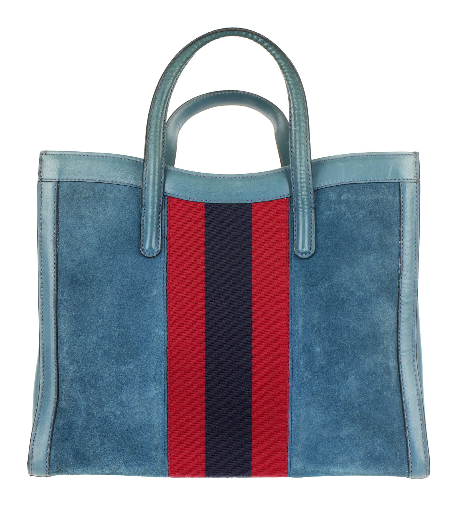 Gucci Blue Suede Ophidia Tote Bag / Purse: "Ophidia" blue suede leather tote bag with classic red and navy blue stripe by Gucci. Blue leather handles. Overall measures 28.5 cm x 35.5 cm x 14 cm, 11" x 14" x 5.5", excluding handles. Guaranteed