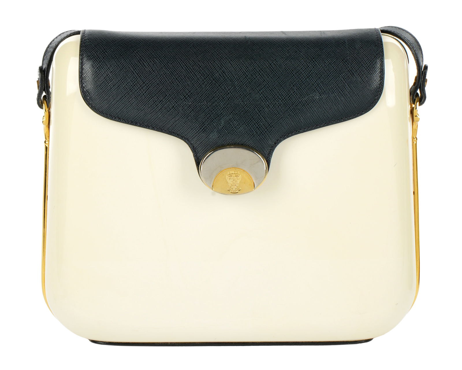 Gucci Hard Plastic and Leather Crossbody Bag: Vintage cream hard plastic and blue leather crossbody / shoulder bag with gold toned accents by Gucci. Blue leather strap. Overall 19.5 cm h. x 23 cm x 8 cm, 8" h. x 9.25" x 3". Condition: Minor signs