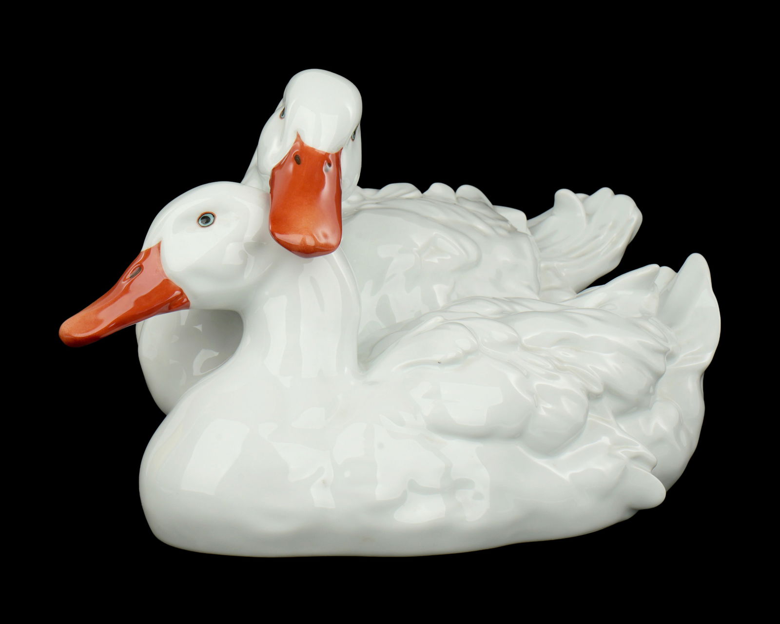 Pair Large Herend Porcelain Duck Figure: Pair porcelain figure of two ducks, well marked with Herend blue stamp, impressed Herend, incised 5033, 8" h. x 15" x 10".