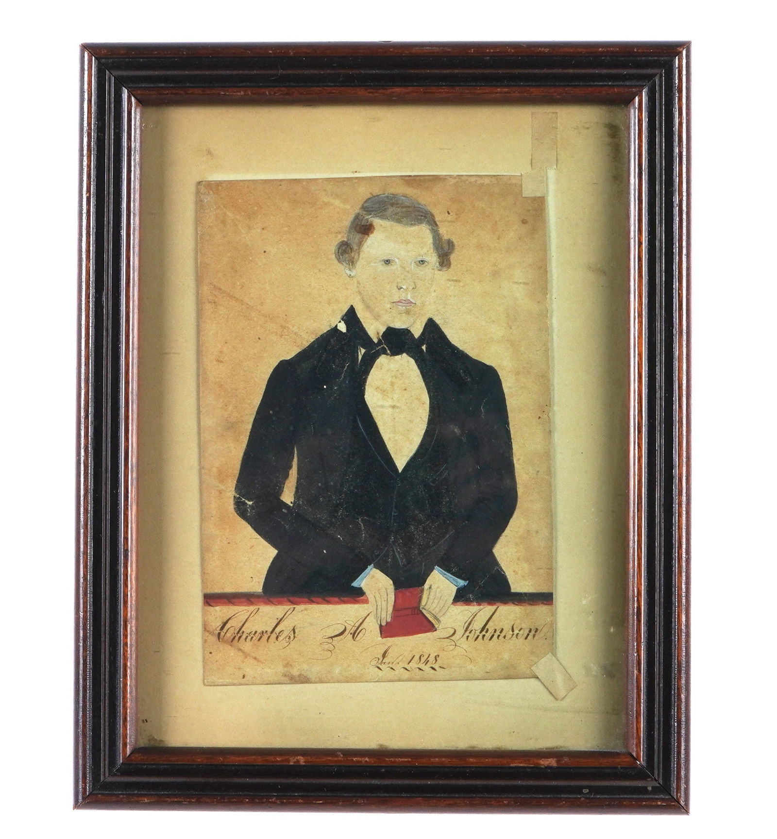 1848 Folk Art Watercolor Portrait of a Gentleman: Half length portrait identified as Charles A. Johnson, and dated 1848, Watercolor and Ink on Paper, no visible signature, 6.75" x 4.75, framed10.5" x 8.5". Condition: Visible toning, small tears, not