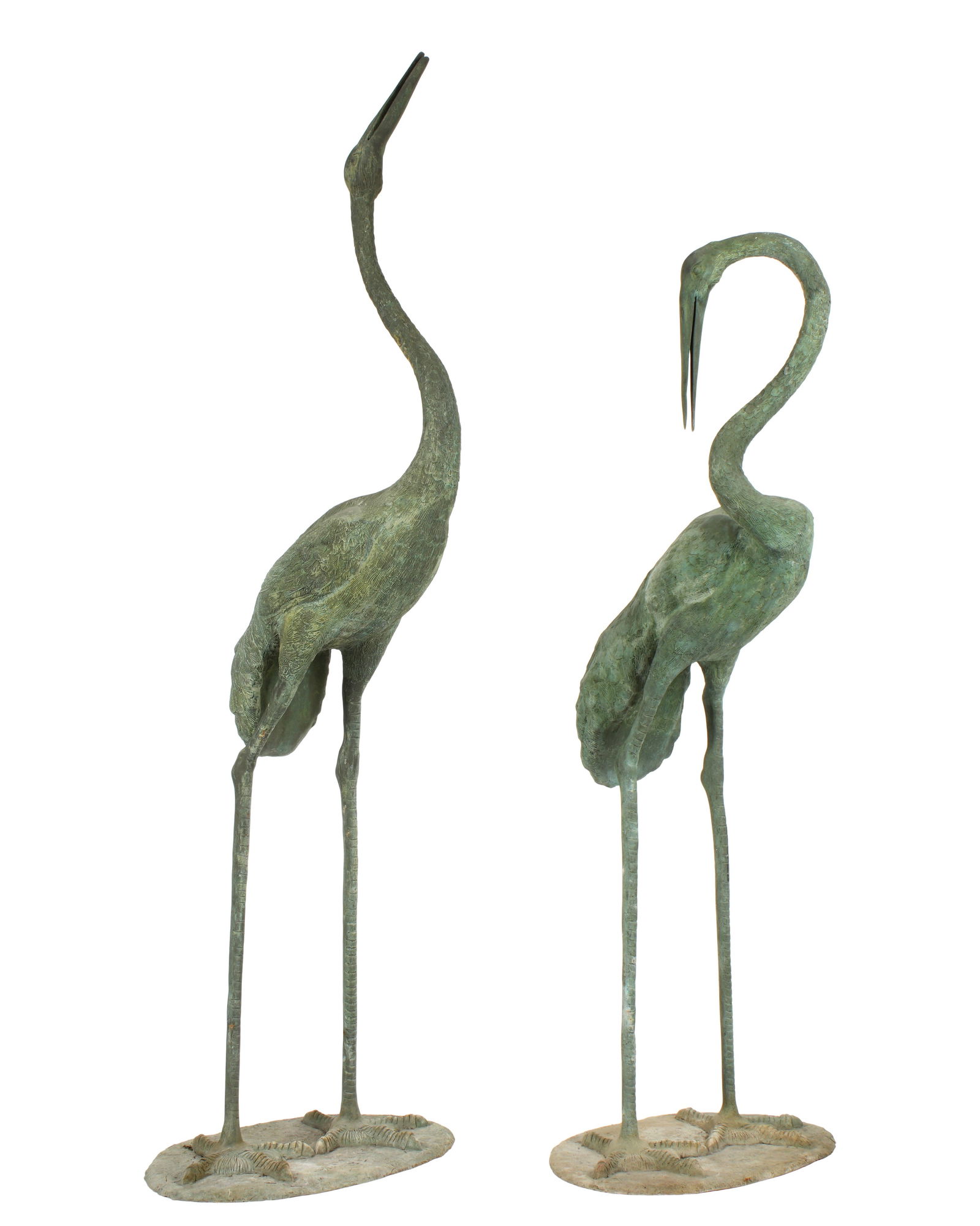 Pair Large Patinated Bronze Garden Cranes: Pair life size patinated bronze garden crane / stork sculpture, unmarked, taller measures 70" h. x 22" x 24". Condition: Signs of weathering.