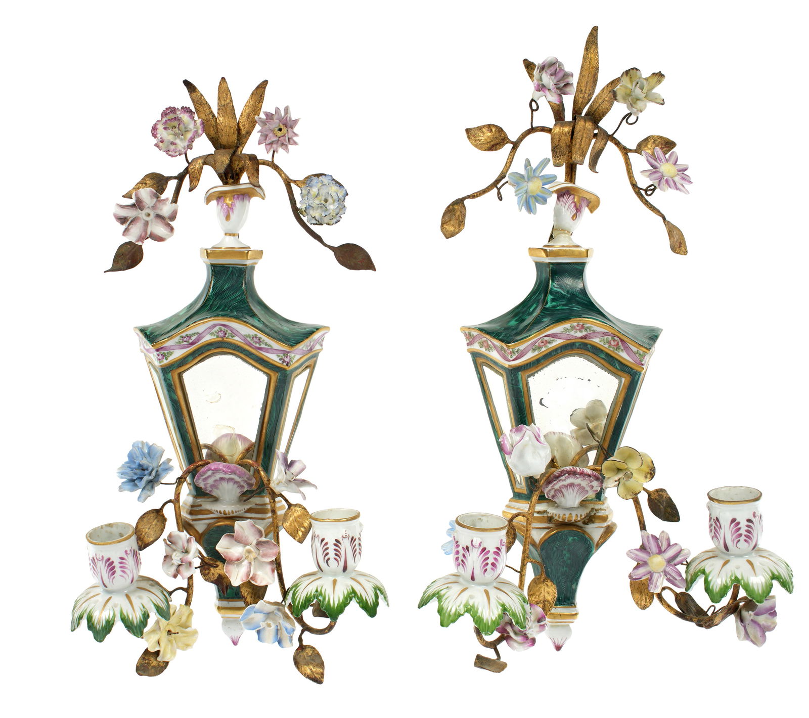 Pair Porcelain Gilt Bronze Mirrored Wall Sconces: Pair diminutive two light wall sconces, hand painted porcelain bodies and arms, mirrored panels. Gilt bronze finials and arms. Overall 15.25" h. x 8.25" x 4.25". Condition: Chip, cracks, and losses to