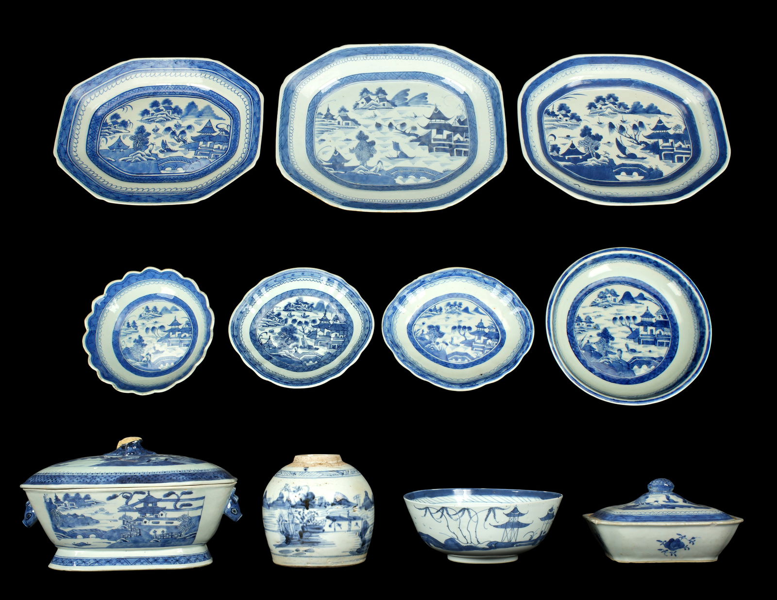 11 pc Chinese Blue White Decorated Canton China: An assembled collection of 11 pieces total include platters, plates, ginger jar, covered vegetable, and tureen. Largest tureen measures 7.5" x 12" x 8.5". Condition: Many pieces with chips or losses.