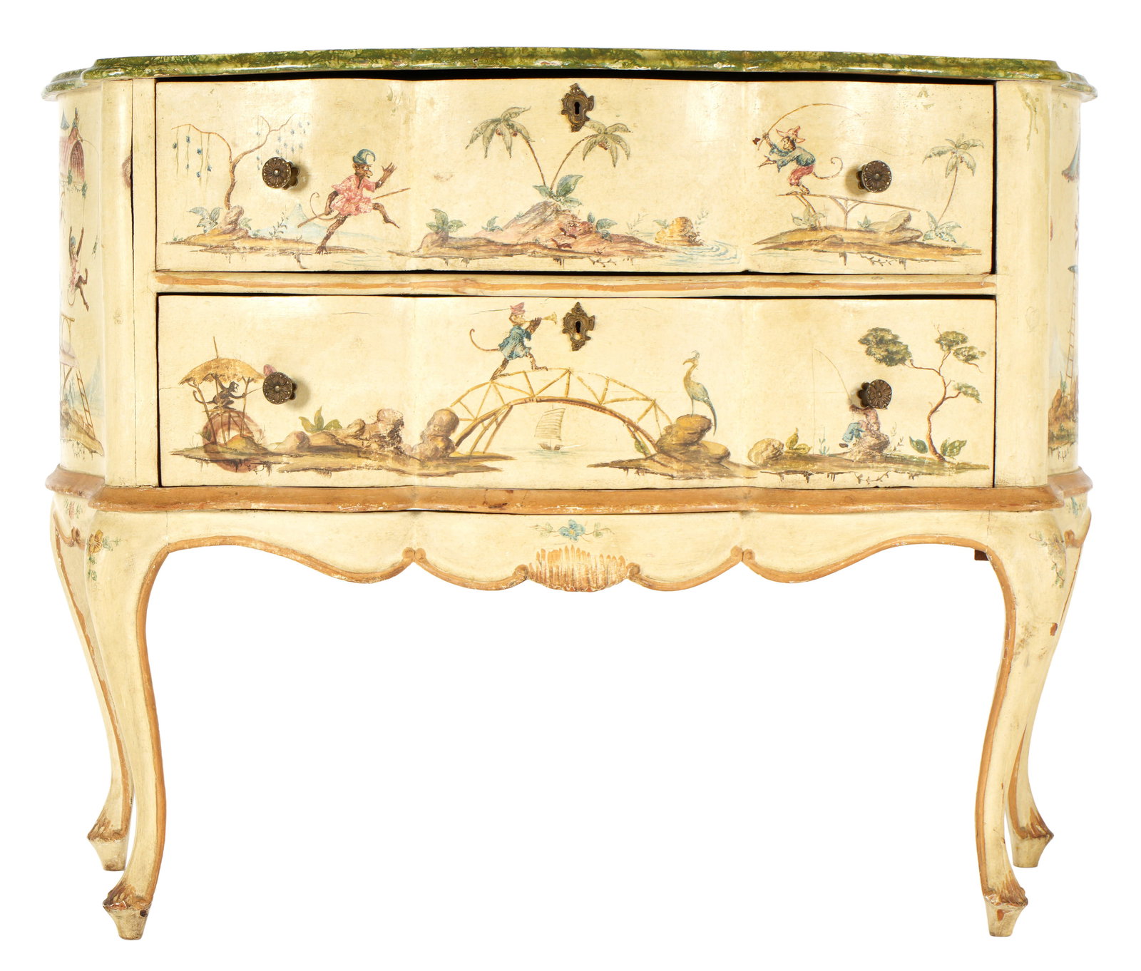 Mid 20th Century Chinoiserie Decorated Chest: Circa 1950's, serpentine painted faux marble top over conforming two drawer case, chinoiserie motif paint decoration. Carved and shaped skirt, cabriole legs. Overall 34" h. x 44.25" x 20.5". 