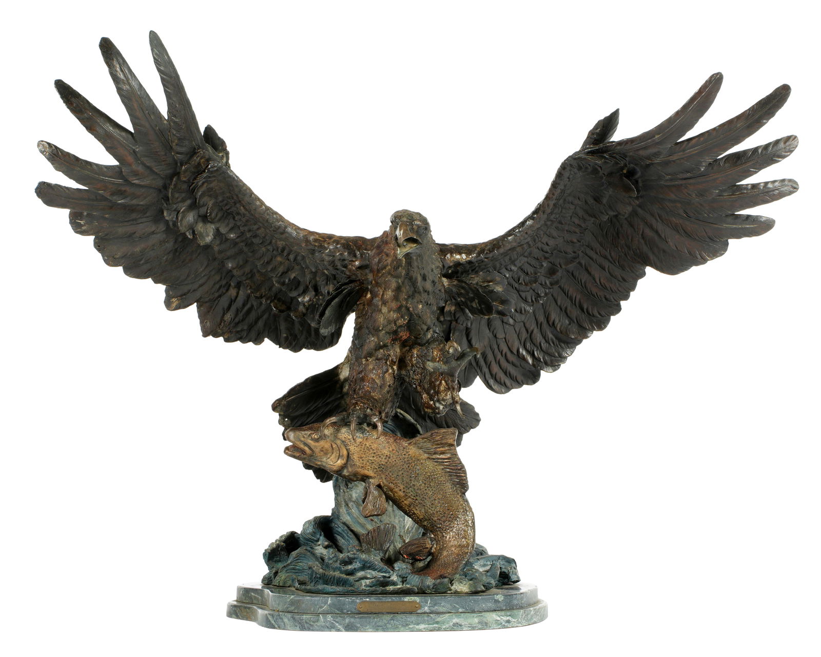 Ed Chope "The Fisherman" Bronze Eagle & Salmon: CHOPE, Ed, (American, 20th Century): "The Fisherman", patinated bronze sculpture of spread wing eagle with salmon in it's talons, signed at base, affixed to marble base. Overall 28.5" h. x 37.5" x 15"