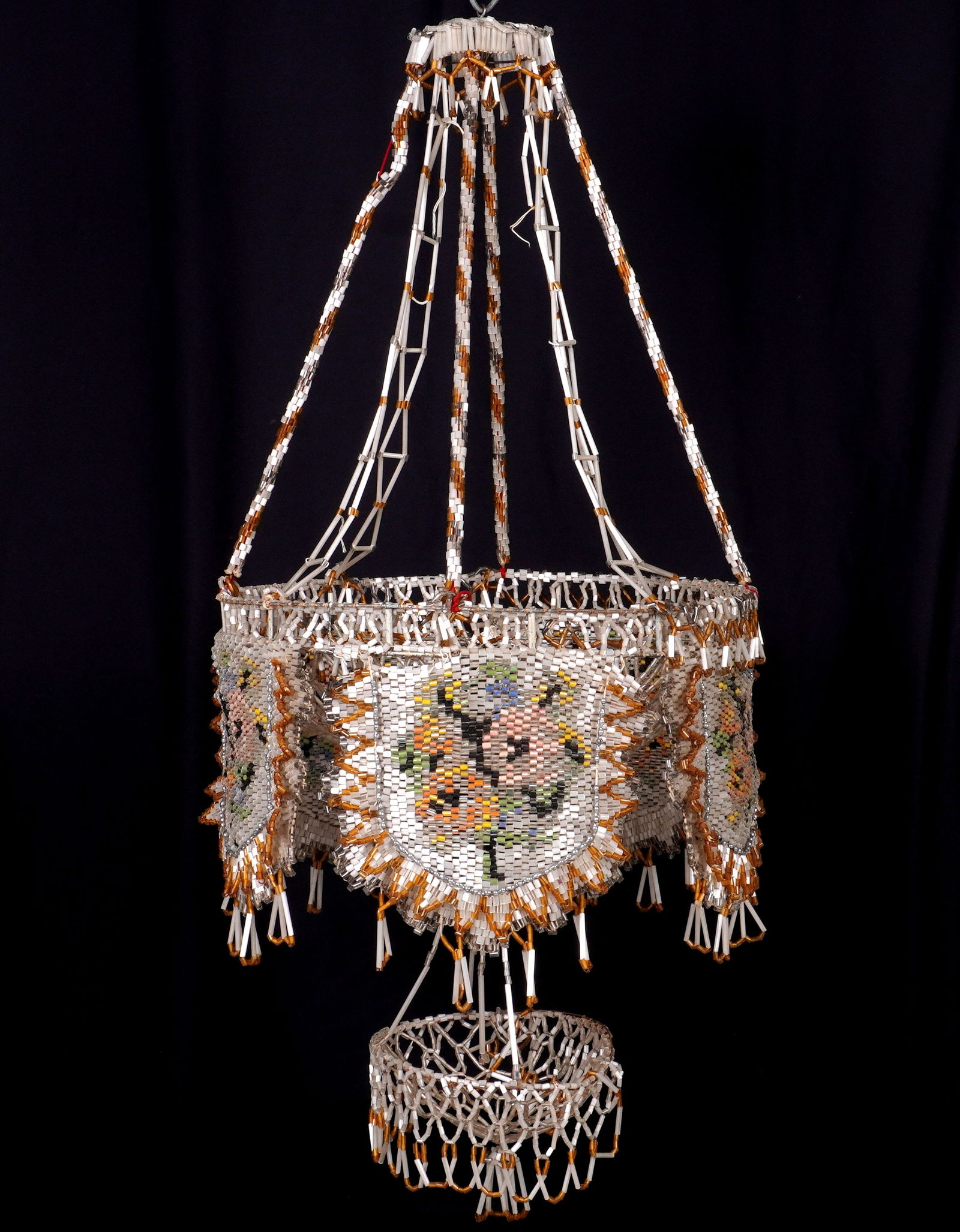 Bohemian Glass Beaded Mosiac Hanging Basket: Bohemian or Czech glass bead mosaic floral design chandelier hanging two tier basket. Overall approx. 35" h. x 17" dia.
