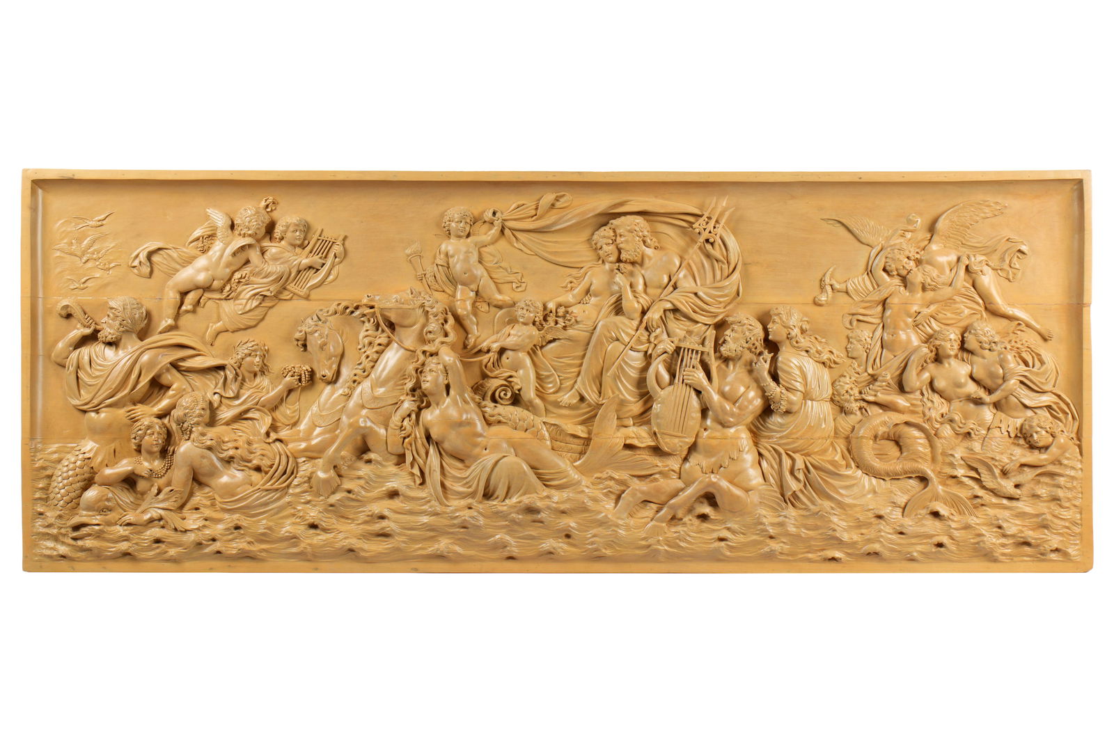 Continental Bas Relief Triumph of Neptune Wood Panel: "Triumph of Neptune" continental bas relief carved wood panel depicting Neptune and Amphirite seated with figures, mer-men and mermaids, cherubs, and horses, unsigned. Overall 22 .25" x 59.5" x 1".