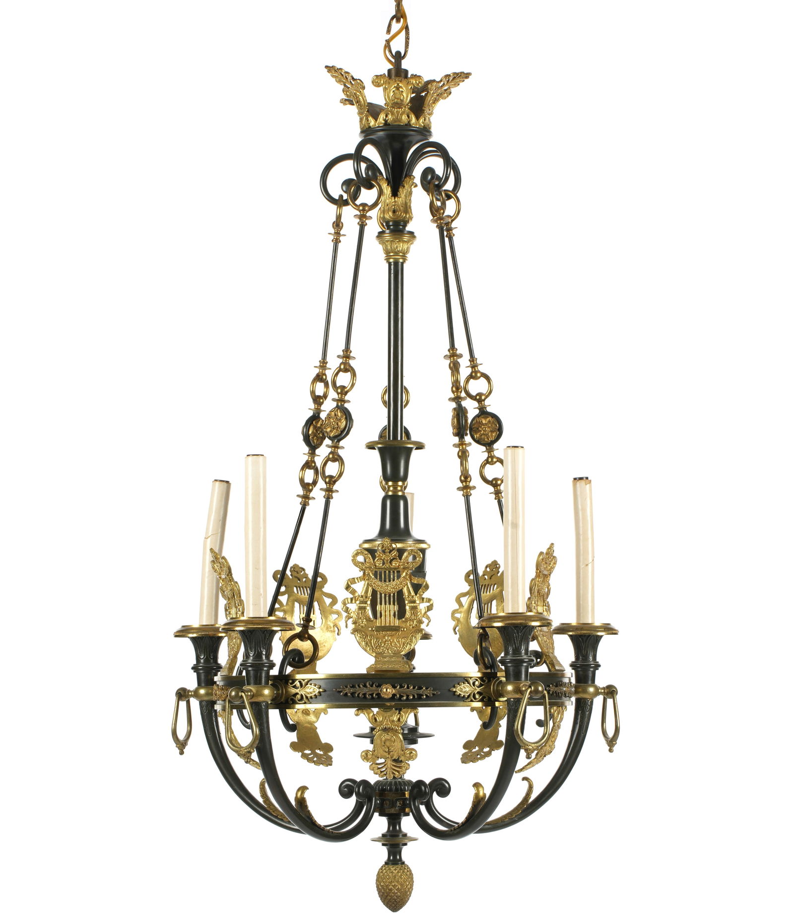 French Empire Parcel Gilt Bronze 5 Arm Chandelier: Empire style parcel gilt and patinated bronze chandelier,. Patinated bronze frame, gilt bronze accents to include acanthus leaves, lyres, foliate spray, and lower pineapple finial. Five arms, single f