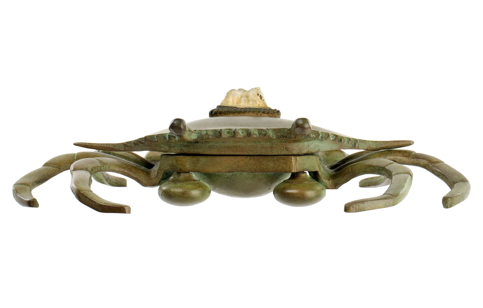 Patinated Bronze Crab Inkwell signed Tiffany: manner of Tiffany Studios patinated bronze crab form inkwell with inset rock glass finial, stamped Tiffany Studios New York under one paddle. No insert. We can not guarantee this to be Tiffany. 