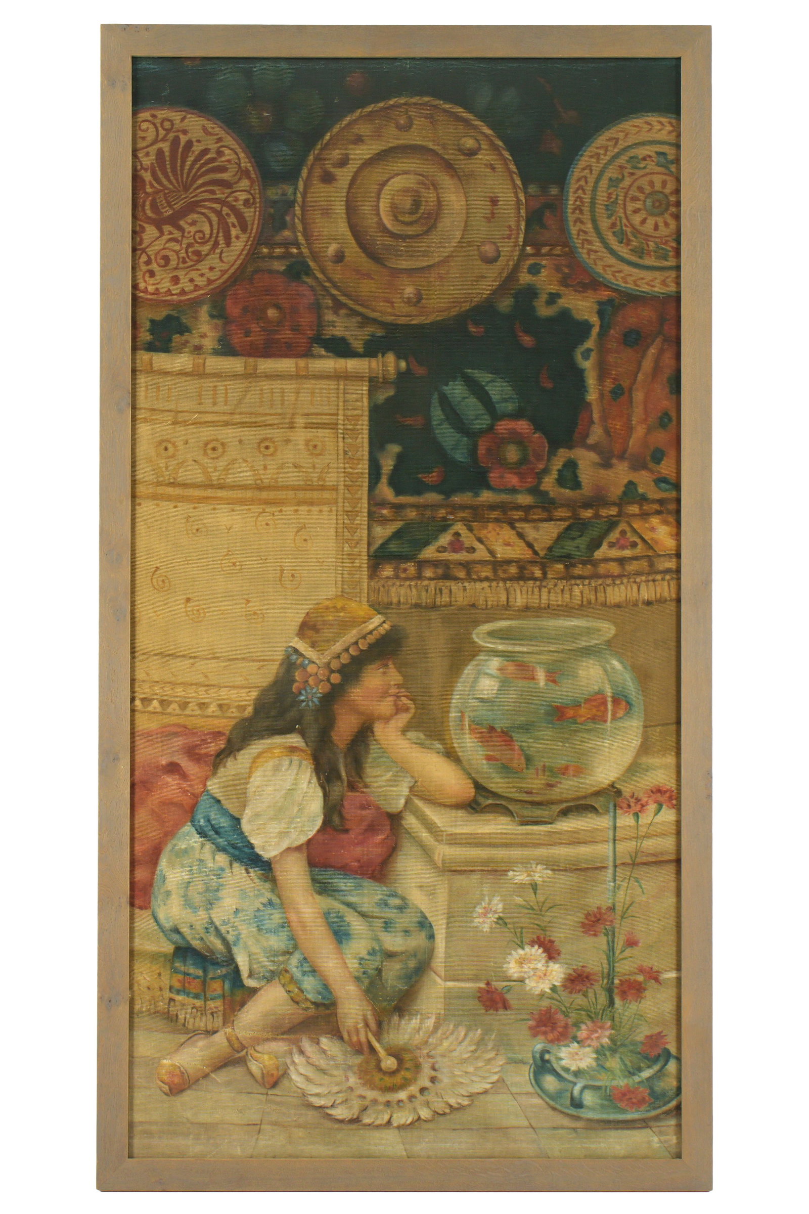 Large after WS Coleman "Goldfish Bowl" Painting: after COLEMAN, William Stephan, (British, 1829-1904): "The Goldfish Bowl", exceptionally large painting on woven canvas after the original, sight size 79.5" h. x 40.5", framed 81.25" x 45". Condition: