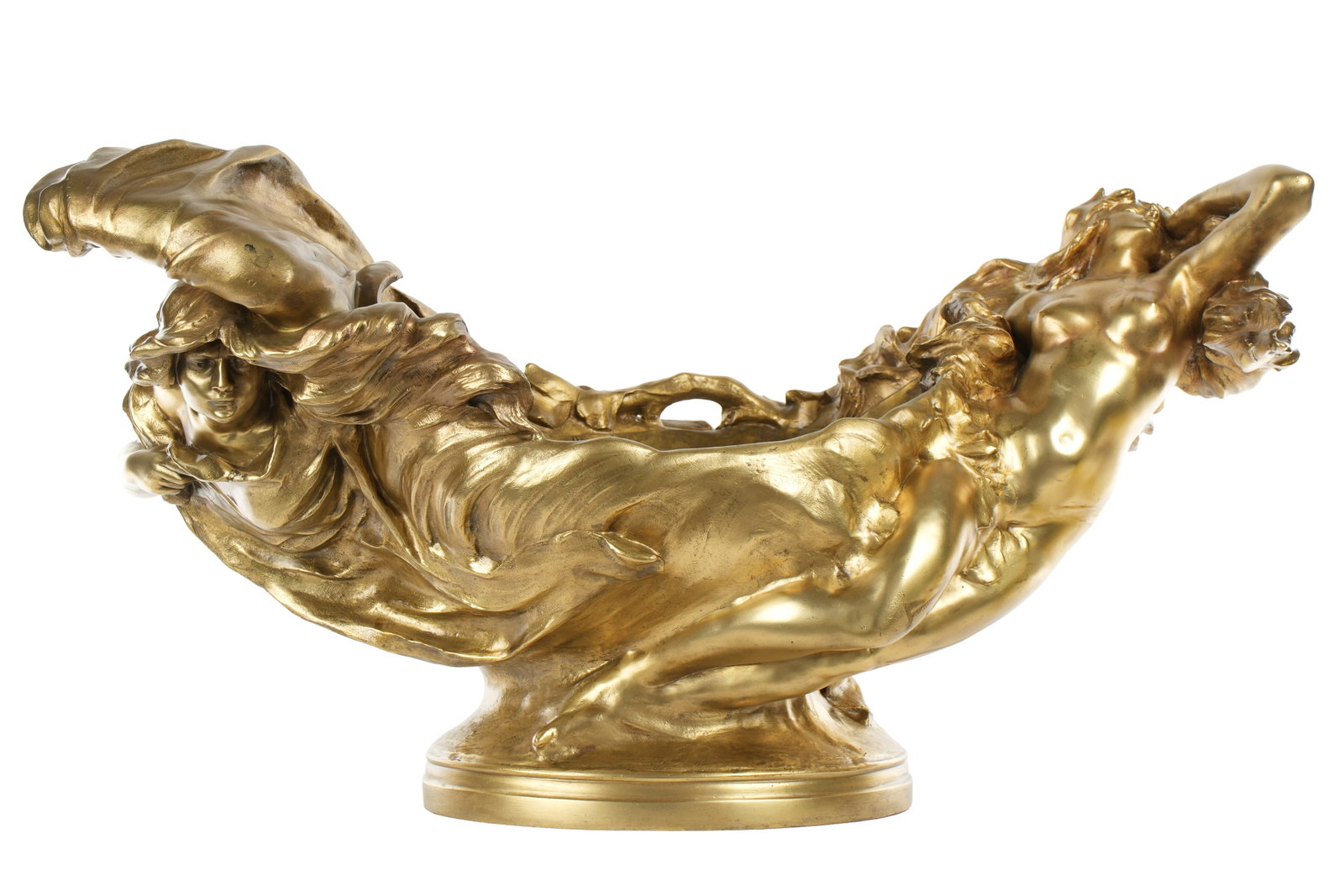 Louis Bigaux Art Nouveau Gilt Bronze Centerpiece: BIGAUX, Louis, (French 19th / 20th Century): Monumental gilt bronze centerpiece or jardiniere depicting an art nouveau maiden with flowing dress, signed on base, overall 15.75" h. x 29.5" x 14".
