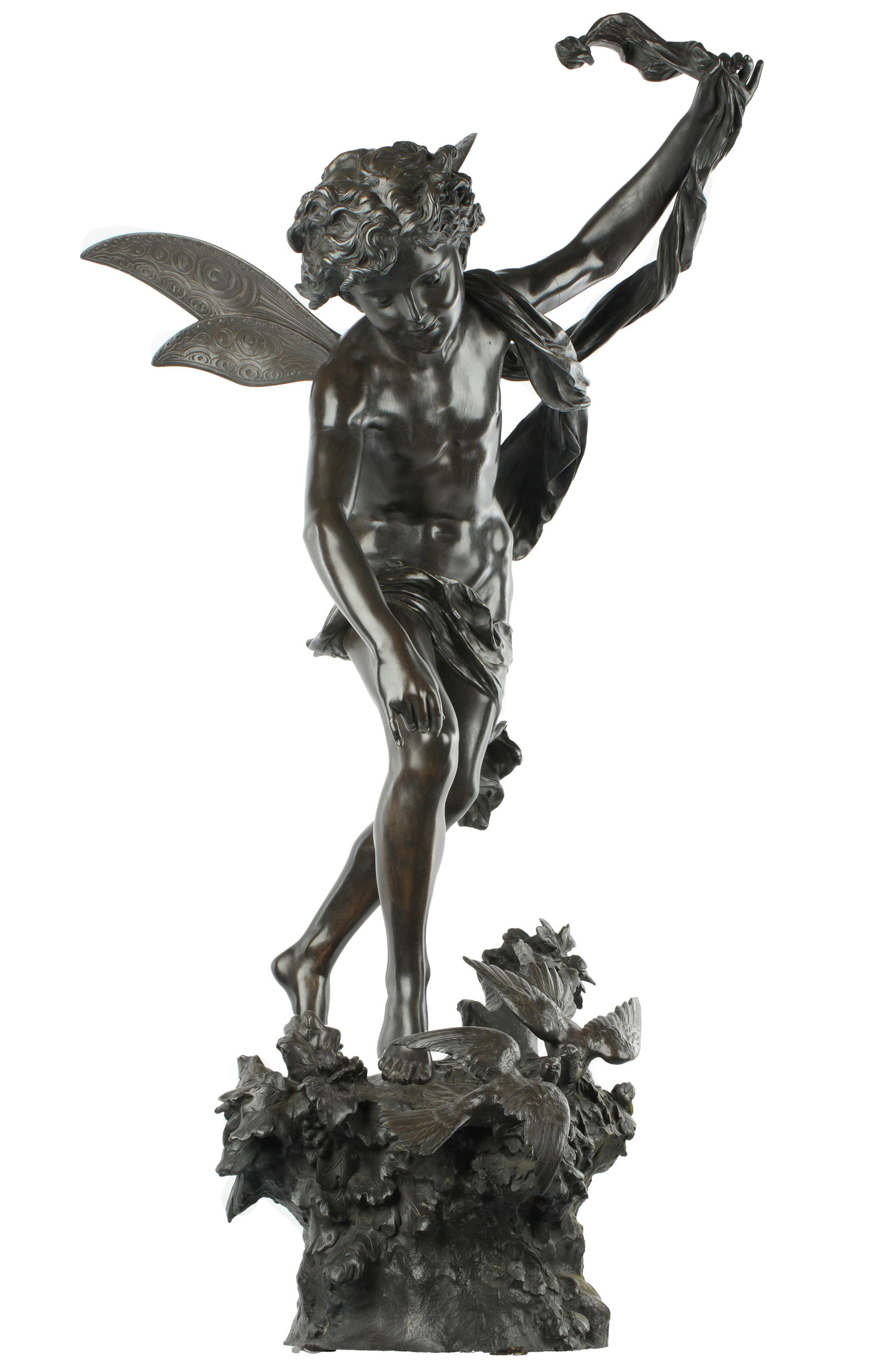 Luca Madrassi Lutin des Bois Bronze Sculpture: MADRASSI, Luca, (Italian, 1848-1919): "Lutin des Bois (Woodland Elf)", patinated bronze figure of an elf with wings, signed at base, overall 38.75" h. x 17" x 18".