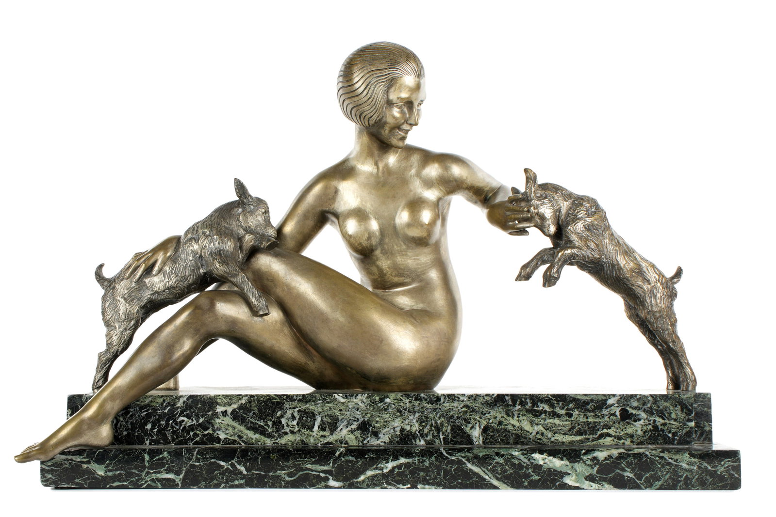 Maurice Guiraud-Riviere Deco Woman with Goats: GUIRAUD-RIVIERE, Maurice, (French, 1881-1947): Art Deco silvered bronze figure of a seated nude woman with two goat kids, affixed to green marble plinth, signed on plinth, overall 19" h. x 28" x 8.75"